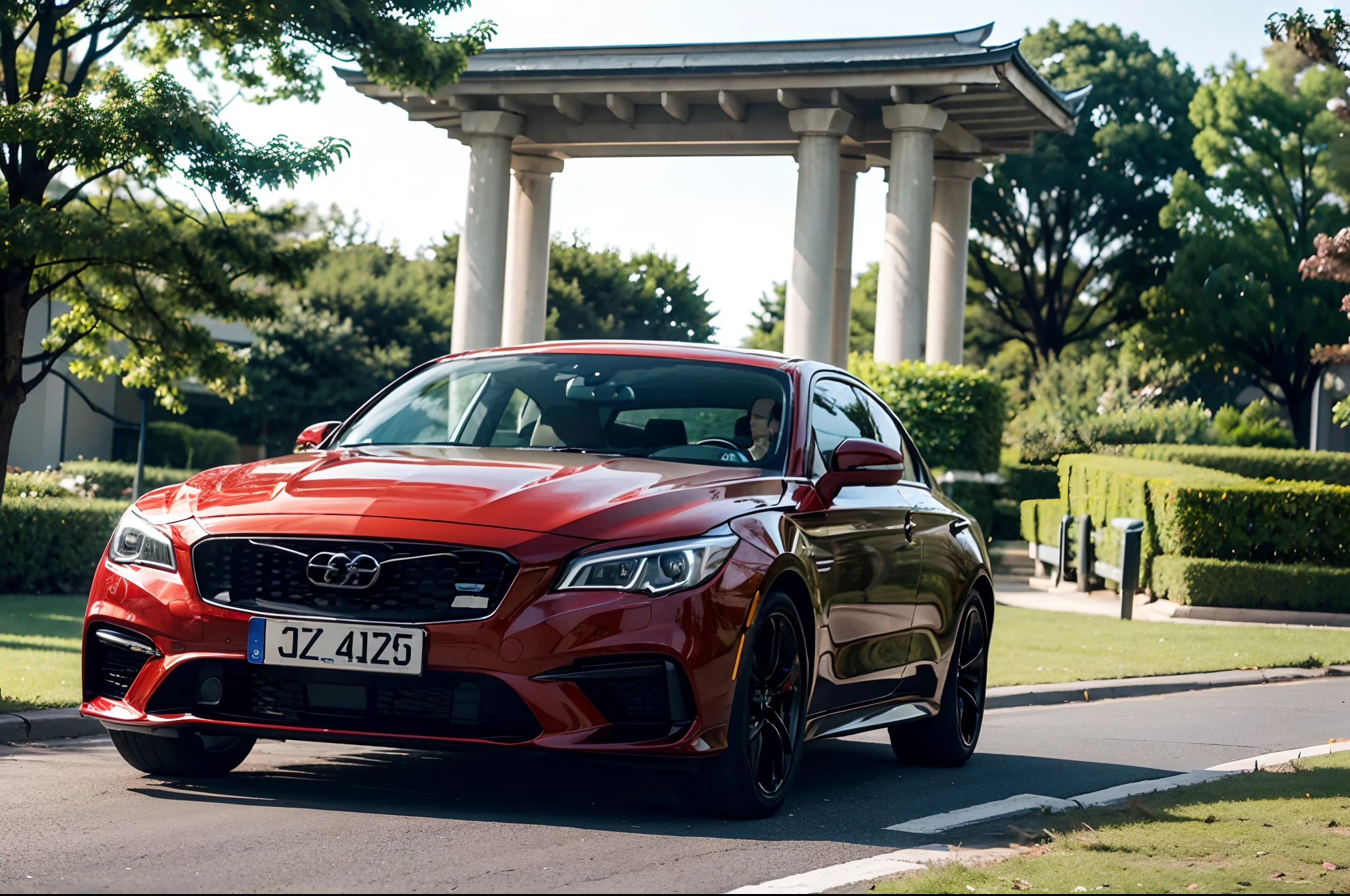 Four-door coupe，red colour，The whole car adopts Suzaku style，The door is closed，Stop on the grass，Warm