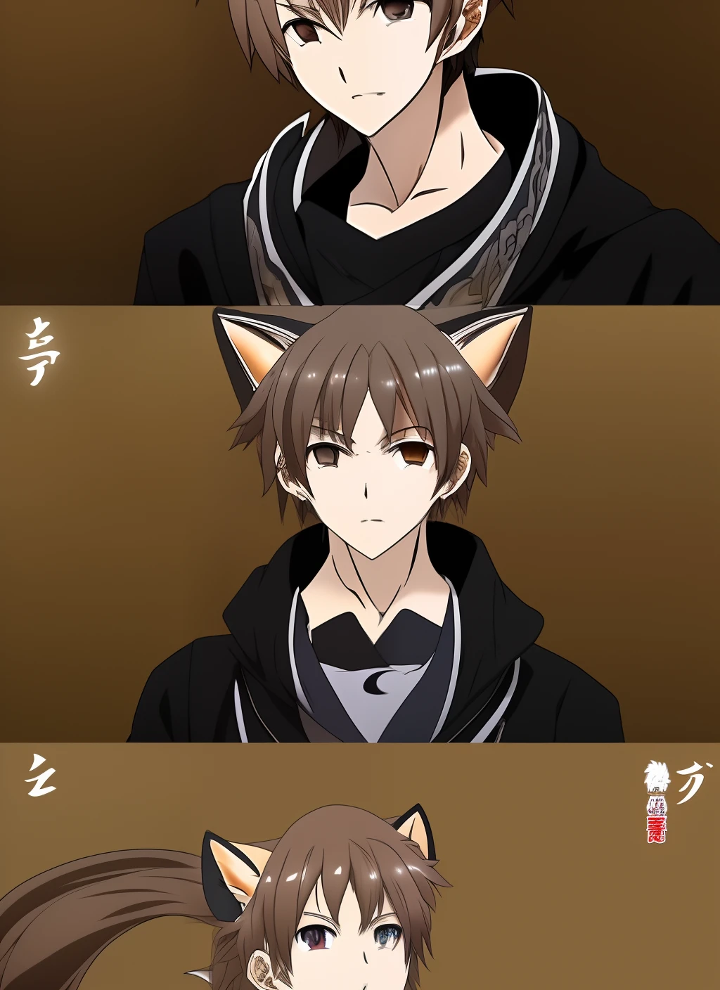 Seozaki is a 21 year old kitsune-male Demi-Human that is 183 centimetres tall , Seozaki has brown-furred fox ears on his head that point upwards with a crook, he also has a long brown fox tail, giving him an overall resemblance of a fox.