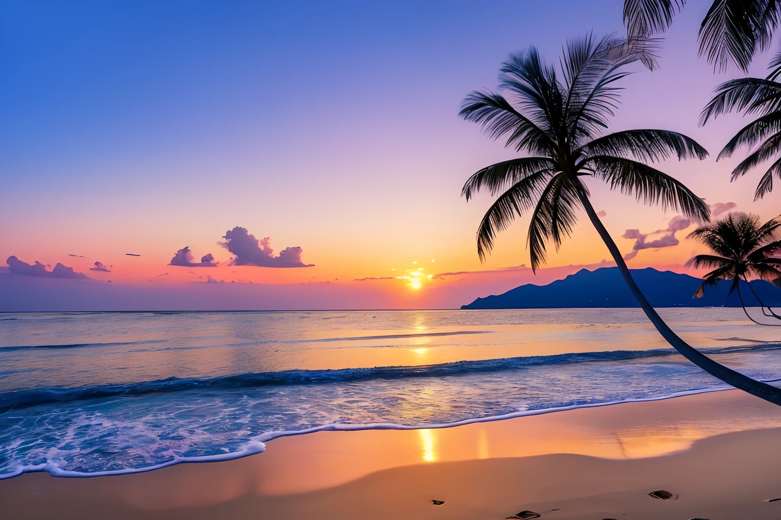 Best Quality, masuter piece, 超A high resolution, (Photorealistic:1.4), Raw photo, Professional Lighting, high-level image quality, high-detail, ​masterpiece、4K 9 depicting stunning sunrise on tropical beach with gentle waves and palm trees along the coast:Create 16 images。The color palette is vivid、It is necessary to convey a sense of renewal and positive energy。