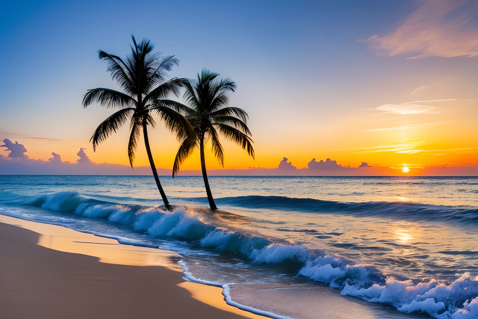 Best Quality, masuter piece, 超A high resolution, (Photorealistic:1.4), Raw photo, Professional Lighting, high-level image quality, high-detail, ​masterpiece、4K 9 depicting stunning sunrise on tropical beach with gentle waves and palm trees along the coast:Create 16 images。The color palette is vivid、It is necessary to convey a sense of renewal and positive energy。