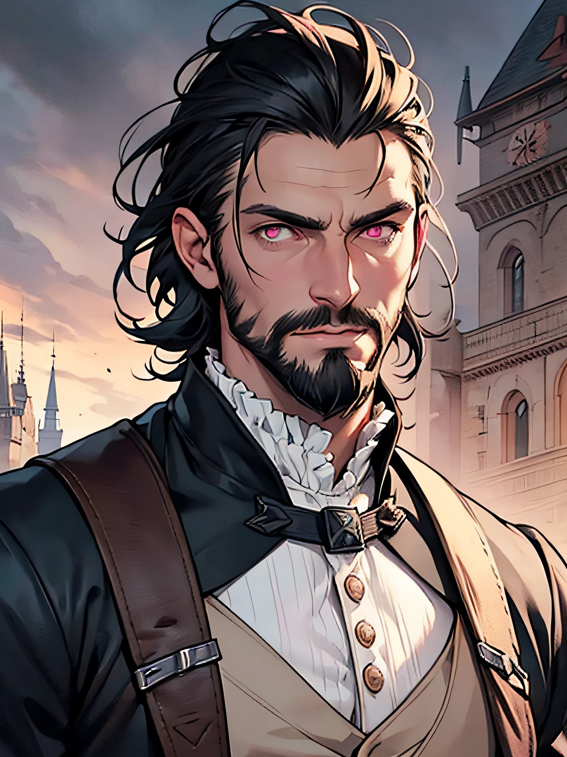 Jesse is a tall man, He has black hair with white locks, short hairstyle, full-beard, 30 year old man, pink eyes, powerful and strong. His hair is straight and he has a beautifully toned body. Jesse is seen wearing a bloodborne victorian dark clothes, delicated face, castle background, soldiers