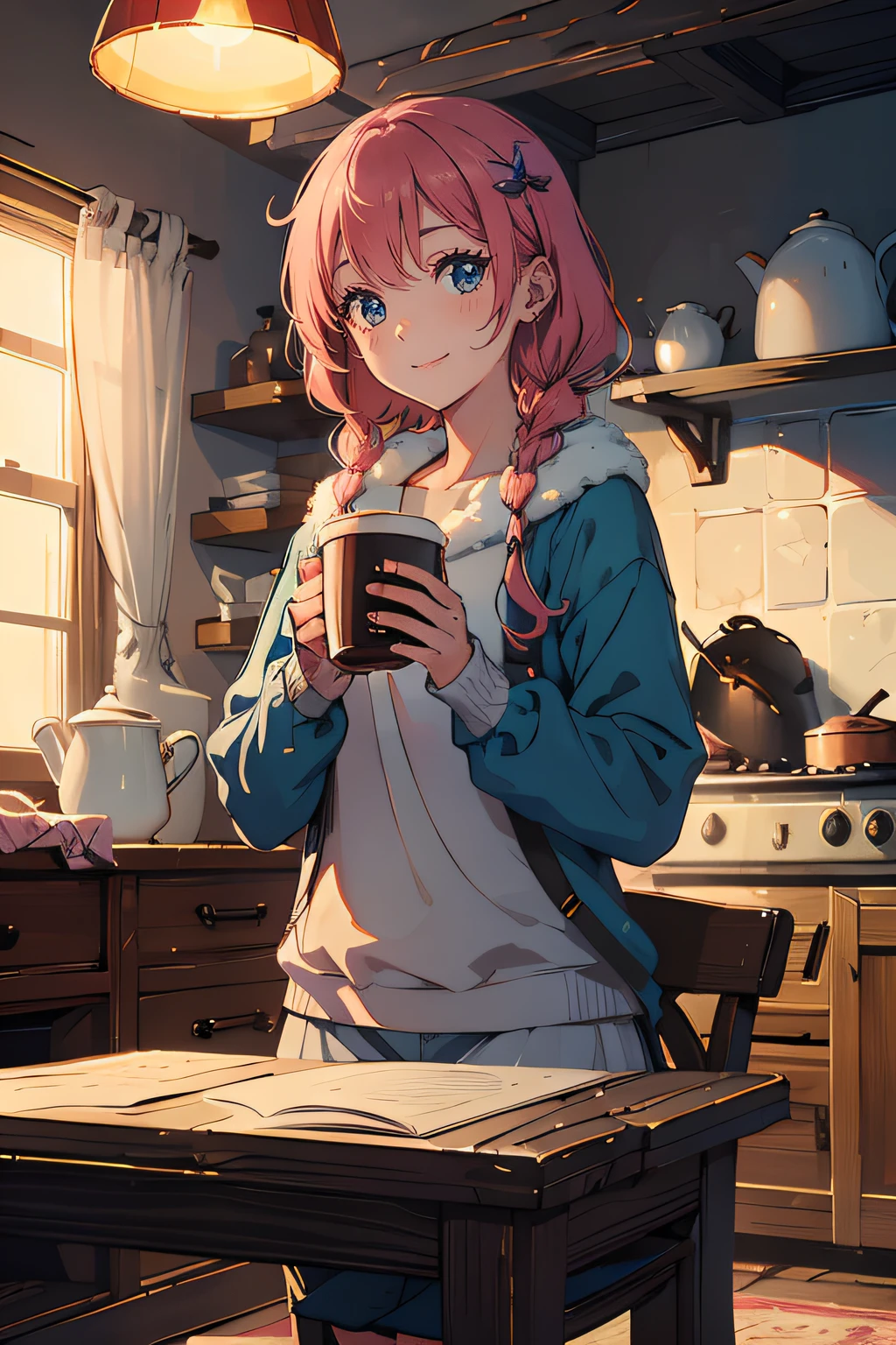 A young girl with long orange-pink hair and blue eyes holding a cup of hot chocolate. The weather is becoming colder, and winter is coming. She is inside the house, cozy and warm, enjoying her cup of hot chocolate. Simple background.