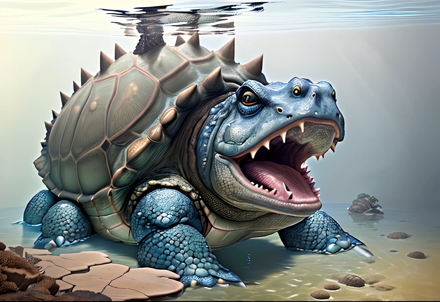 A giant realistic snapping turtle at the bottom of a lake. It's mouth is open and its tongue is glowing blue to attract fish. High detail, high quality, giant, snapping turtle, monster, snapping turtle, spiked shell, spike shell, realistic, long tongue, open mouth, blue tongue, alligator snapping turtle head, snapping turtle head, realistic snapping turtle head