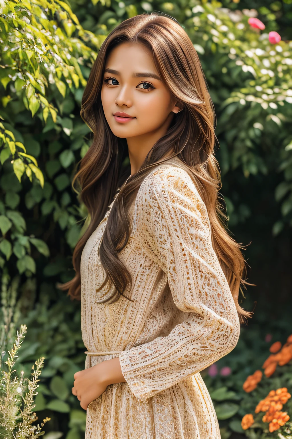 (best quality,hyperrealistic),1girl,(healthy:1.1) body,(170 cm tall),(brown long hair:1.1),(beautiful detailed eyes:1.1),(beautiful detailed lips:1.1),fashionable outfit,confident and friendly expression,natural beauty,standing posture,garden background,portraits,vivid colors,warm and inviting color palette,natural lighting