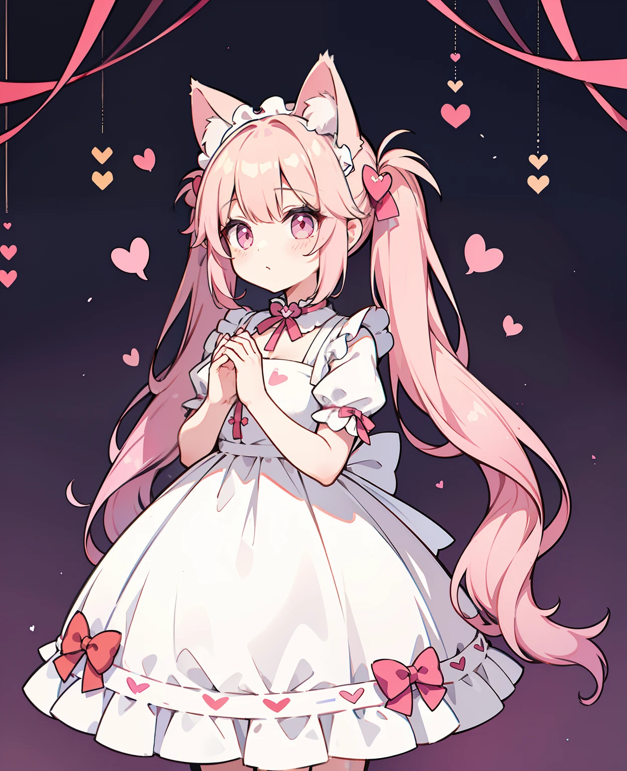 独奏, Dress, flower, Long hair, White Dress, Pink twin tails, Very long hair, Cat's ears,maid clothes, Making a heart with both hands