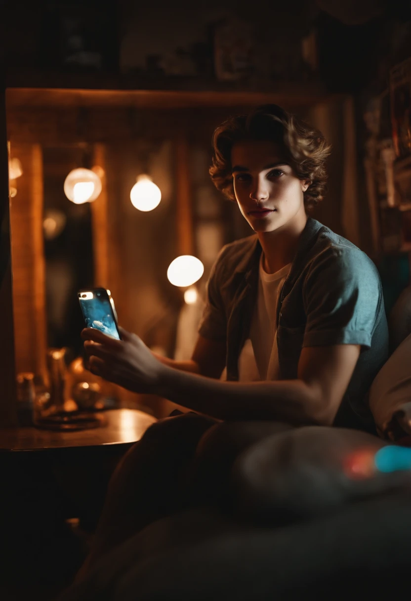 In this image, you'll find a 17-year-old teenager in a candid moment. He's situated in his room, and the atmosphere is casual and relaxed. The lighting in the room is dim, with colorful LED lights adding a playful and youthful touch.

The young man is taking a selfie, and it's deliberately kept in the style of a low-quality Snapchat photo. The image captures the imperfections and spontaneity of a typical teenager's selfie, emphasizing the raw and unfiltered aspect of the moment.