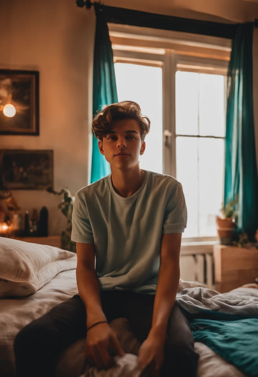 In this image, you'll find a -yeld teger in a candid moment. He's situated in his room, and the atmosphere is casual and relaxed. The lighting in the room is dim, with colorful LED lights adding a playful and youthful touch.
The young man is taking a selfie, and it's deliberately kept in the style of a low-quality Snapchat photo. The image captures the imperfections and spontaneity of a typical teenager's selfie, emphasizing the raw and unfiltered aspect of the moment.