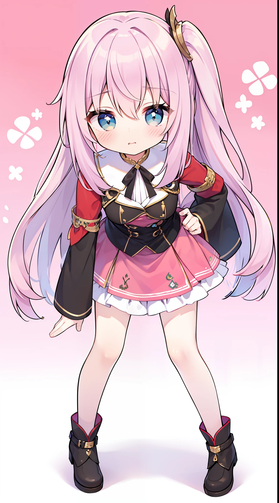 tchibi、Pink military uniform、skirt by the、bow ribbon、Straight face、happening、dropping eyes、winking😉，leaning-forward，Mischievous，put hands on the hip、tmasterpiece、Top image quality、top-quality、Cute Baby Turtle，Kneeling pose，Turning Head，winking😉，Full body photo，Pink high heels