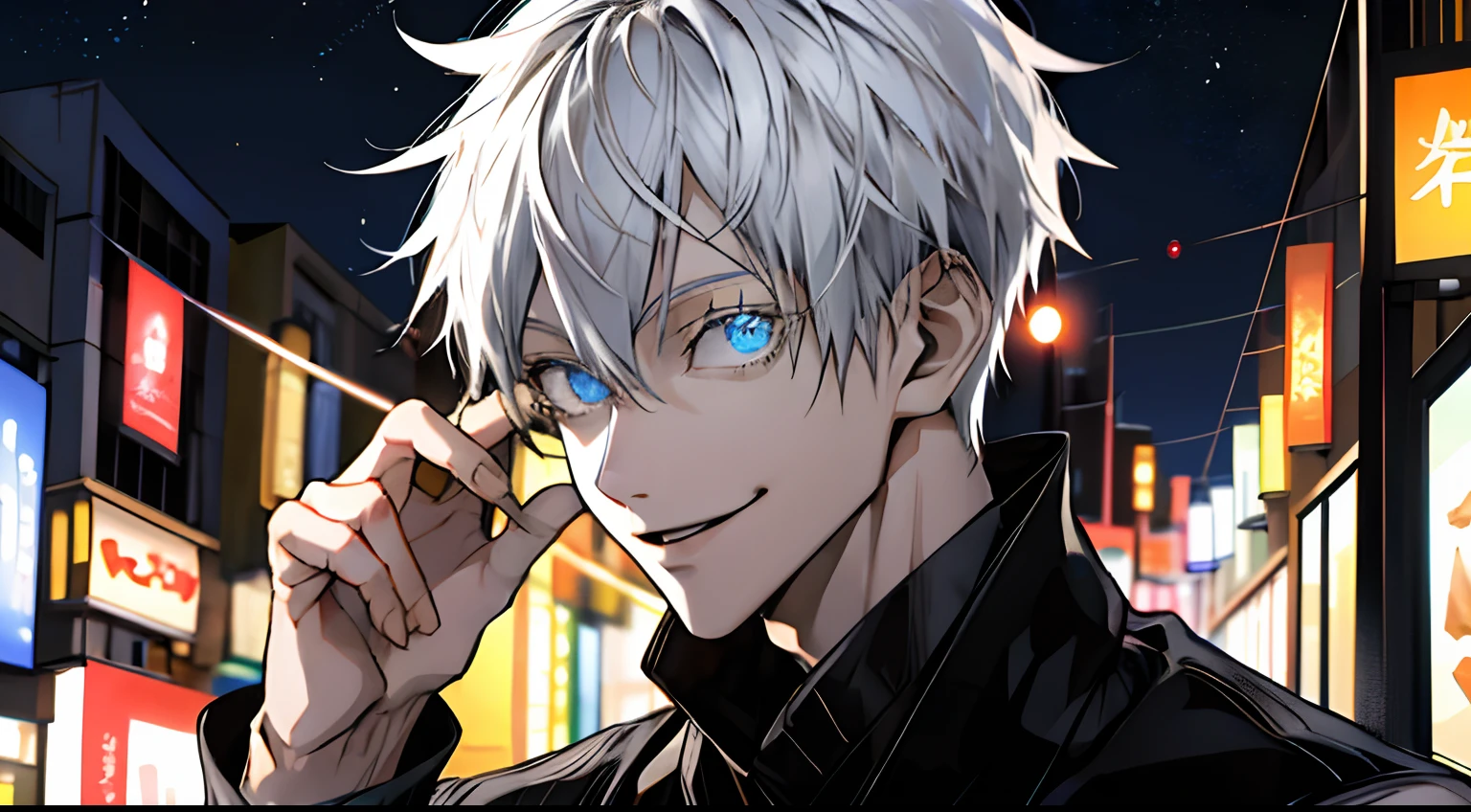(masutepiece, Best Quality:1.2), (hyperdetailed face), (Super well-formed face), Full body, Solo, Tall boy, Tachie, Male Focus, 1boy, gojo satoru, Smile, Looking at Viewer, White hair, Blue eyes, Crystal clear eyes, Beautiful pupils, Beautiful detailed eyes, long eyelashes, Black sweater, Long sleeves, Black pants, Lift sunglasses, City at night,beautiful night scene, Dynamic Angle, Within Shibuya Ward, tokyo prefecture, Japan, Perfect hands, Perfect fingers, Dex Finger Raise
