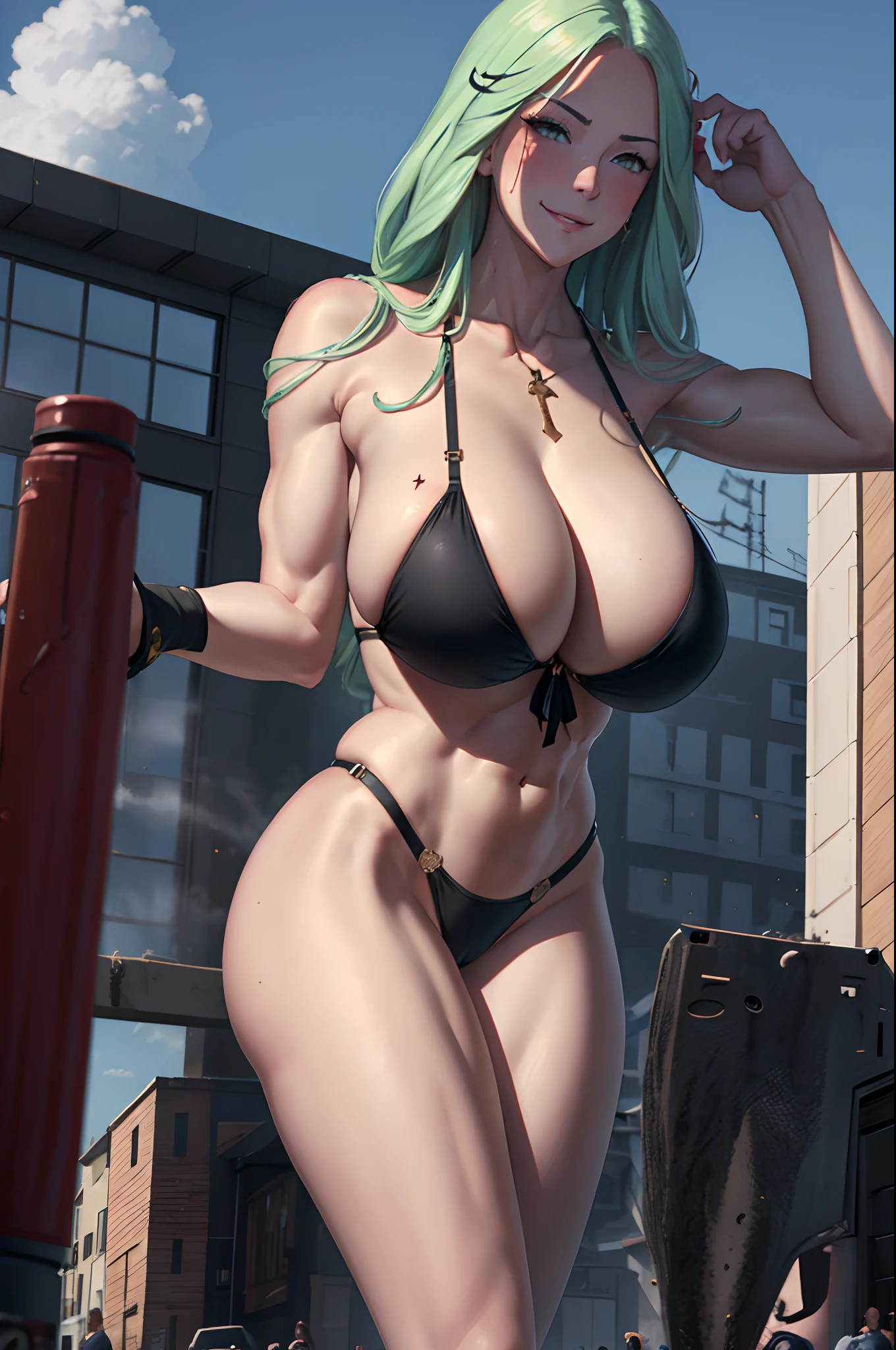 masterpiece, best quality, highres, high quality, collage, perfect image, 1girl, best quality, masterpiece, light green hair, defRhea, black bikini, abs, long legs, bare shoulders, (muscular arms: 2.0 ), biceps, triceps, (muscular legs: 2.0 )face, evil brow, evil face, evil smirk, smirking, blush, collarbone slim legs, underboob, aroused, (gigantic breasts:1.4), detailed hand, GTS, (giantess), looming over a village, open sky, (giant woman),