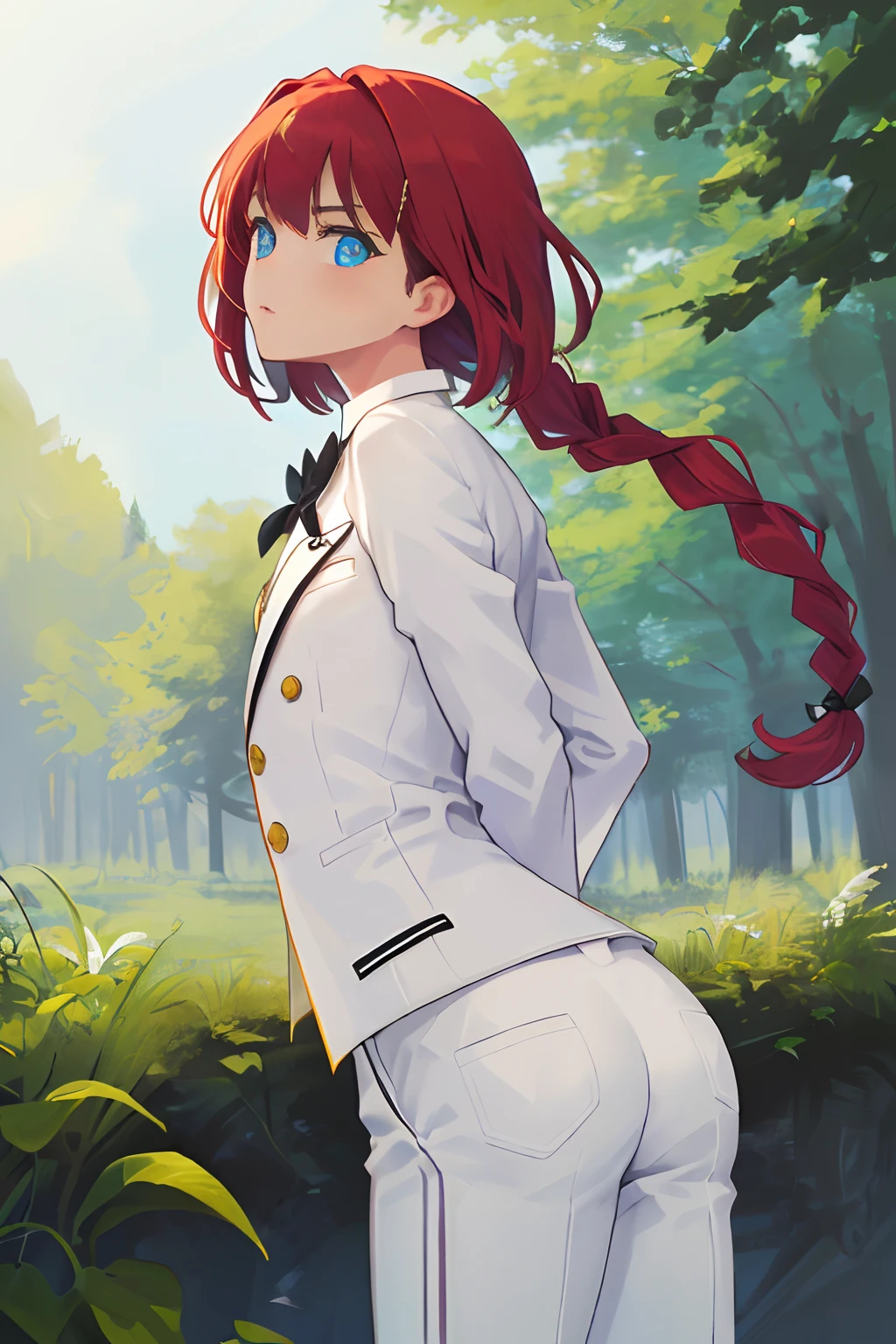 ((Girl in male clothing)), Butler, (Masterpiece), ((Wearing a beautiful and elaborate butler's uniform)), ((White tailcoat)), ((White pants)), White gloves, Sommelier, Unique girl Beautiful face, beautiful eyes, ((one braid)), beautiful face, slanted eyes, cool face, dignified face, short hair, half-up, red hair, blue eyes, masterpiece, very beautiful, in good condition, center Viewed from , forward facing, (((arms behind back))), front view, boyish, ((flat chest)), outdoor,daytime,forest