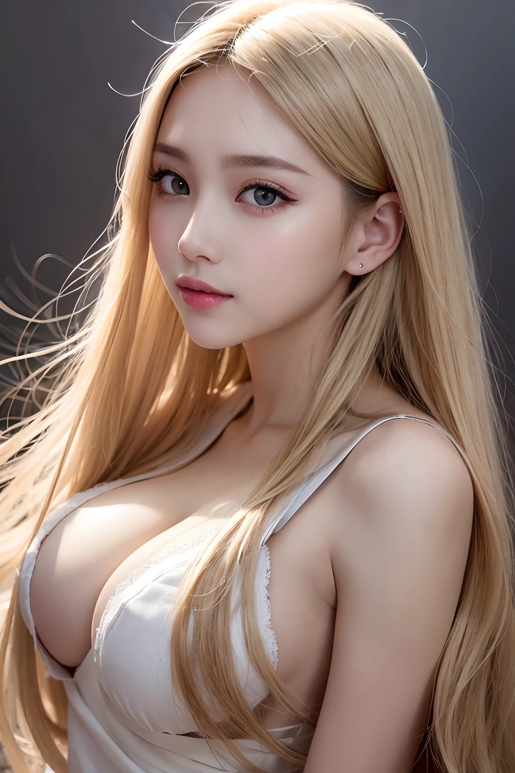 Super long blonde straight silk hair dazzling in gold、long hair between the eyes、The most beautiful girl in the world at 15 years old、Shining, Beautiful pale light blue eyes、Big double eyelid eyes、with round face、eye liner、Snow-white skin、shiny skin with shiny cheeks、Large breasts、a little bit smile、full bodyesbian、Engaging pose