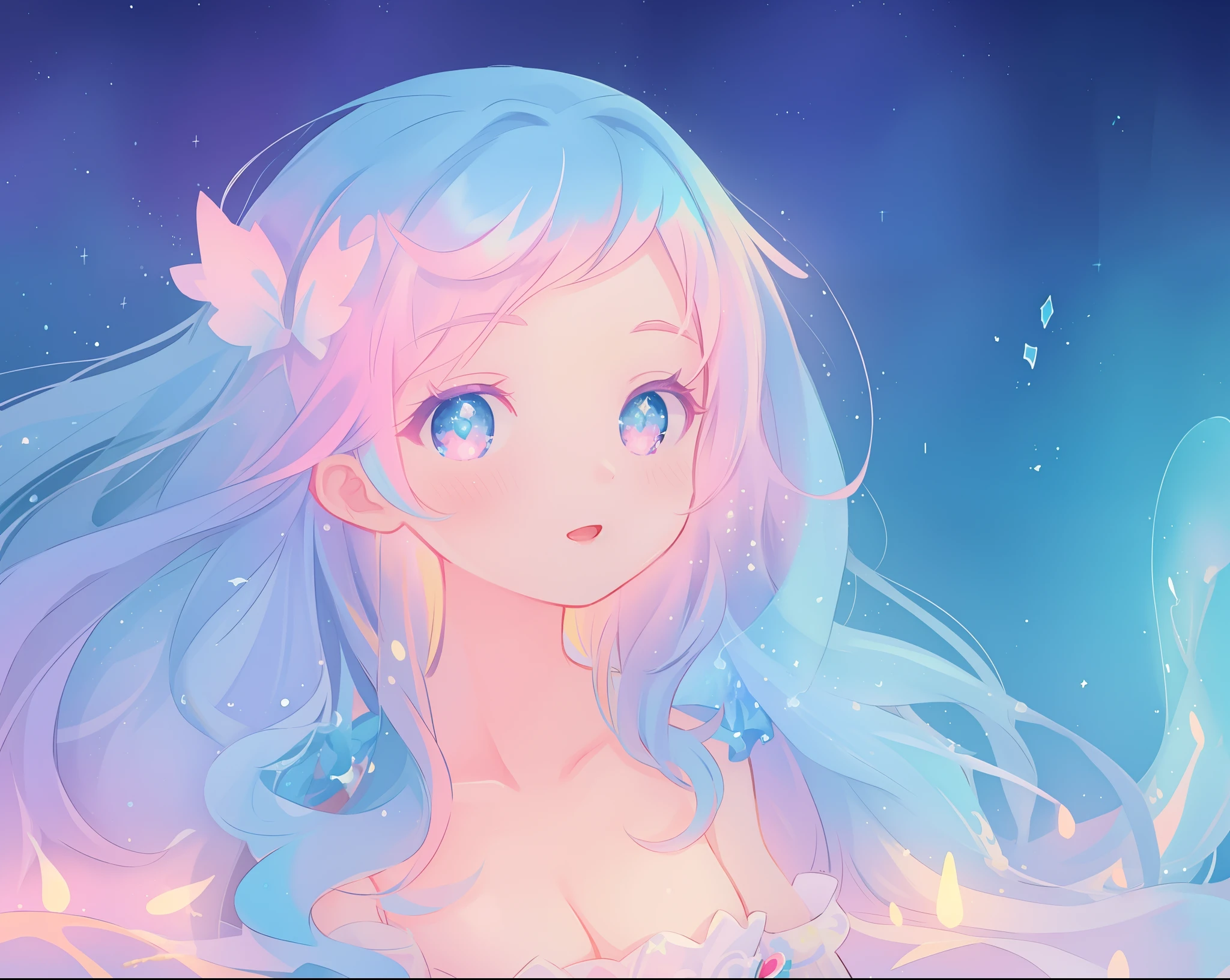 beautiful anime girl, portrait, vibrant pastel colors, (colorful), magical lights, long flowing colorful hair, inspired by Glen Keane, inspired by Lois van Baarle, disney art style, by Lois van Baarle, glowing aura around her, by Glen Keane, jen bartel, glowing lights! digital painting, flowing glowing hair, glowing flowing hair, beautiful digital illustration, fantasia background, whimsical, magical, fantasy, beautiful face, ((masterpiece, best quality)), intricate details, highly detailed, sharp focus, 8k resolution, sparkling detailed eyes, liquid watercolor
