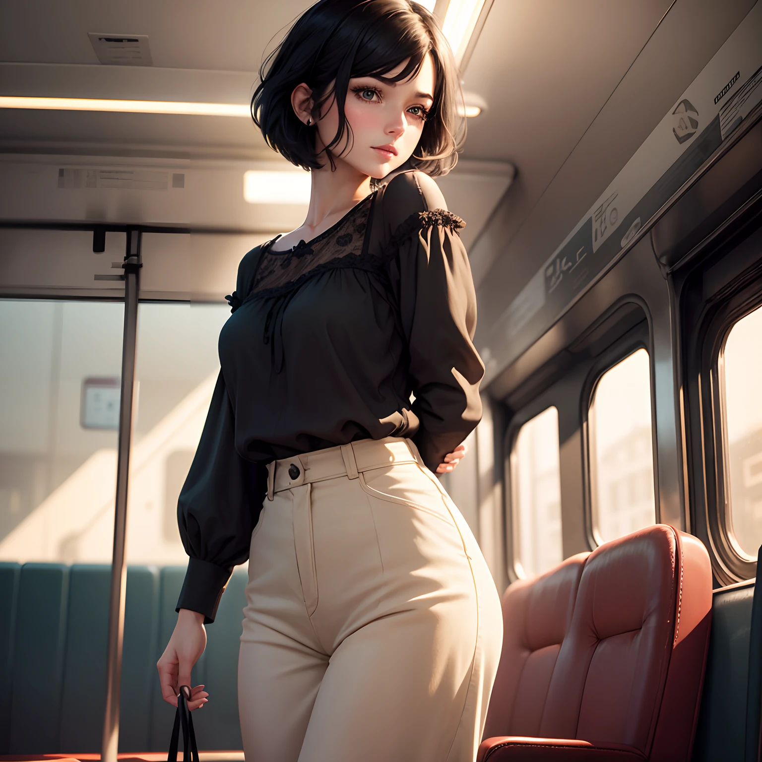 {{{masterpiece}}}, {{{best quality}}}, {{ultra-detailed}}, {illustration}, {{an extremely delicate and beautiful}},young woman,short bob black hair,prairie blouse, prairie pants, back, back focus, standing, full body, on the train, (sexy hip)