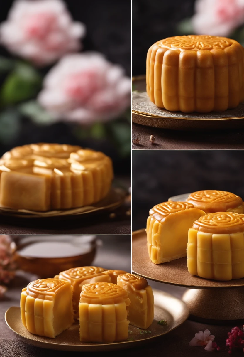 Commercial shooting, Cantonese egg yolk mooncakes, Mooncake size, poster for, Fresh style background, elegant, Booth lighting, Attractive, photorealistic colors, Ultra HD