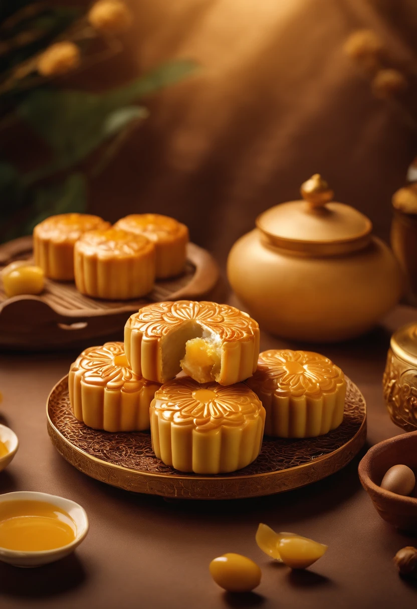 Commercial shooting, Cantonese egg yolk mooncakes, Mooncake size, poster for, Fresh style background, elegant, Booth lighting, Attractive, photorealistic colors, Ultra HD