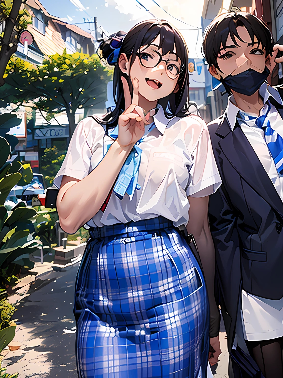 there are two people standing next to each other in a street, wearing school uniform, wearing a school uniform, school uniform, wearing white shirt, white shirt, wearing a blue skirt, blue pencil skirt, dressed as schoolgirl, school girl, smooth in _ the background, mix of aesthetics, magic school uniform, anime, tv anime, anime girl,