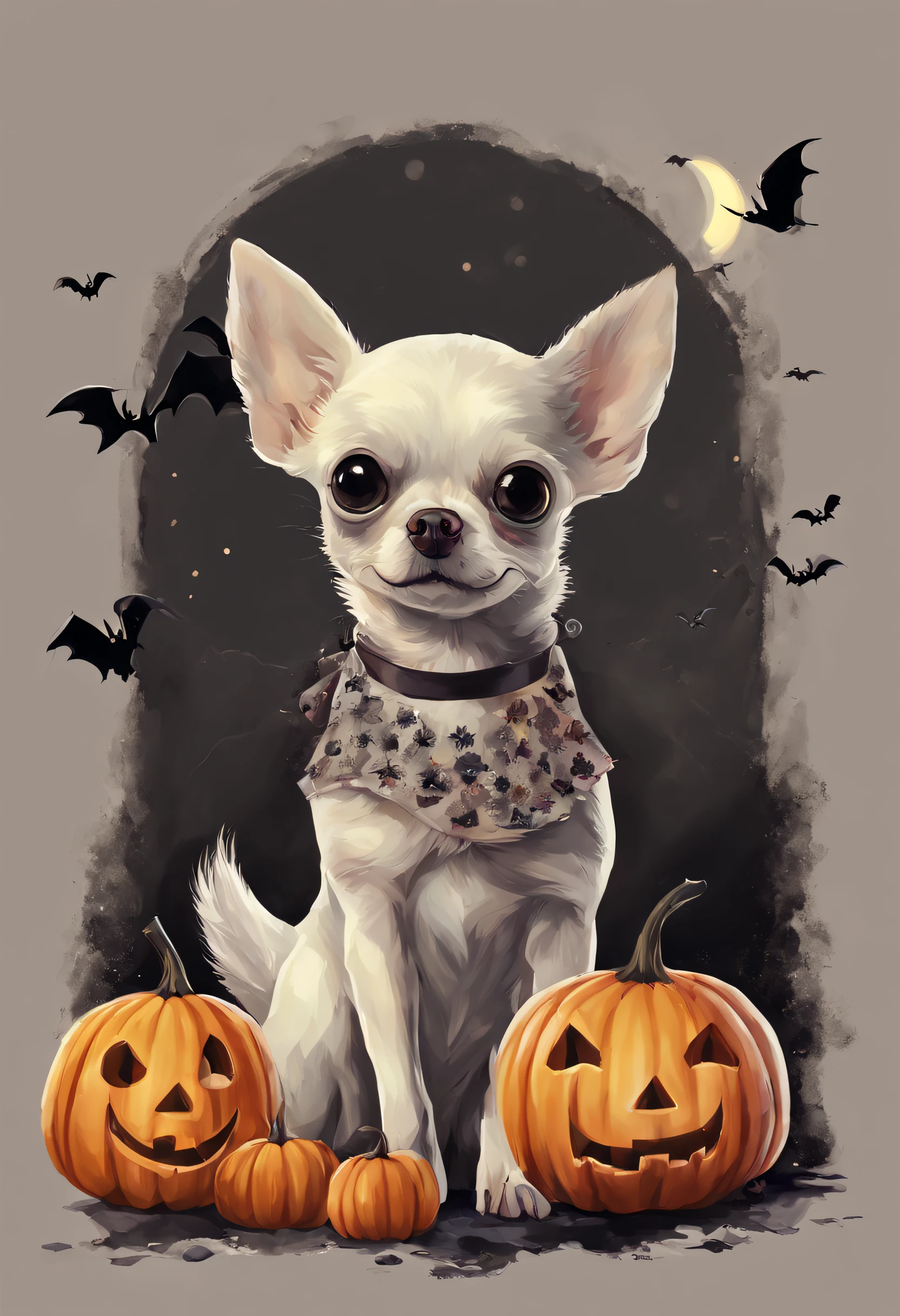 (((Anna Maria Świetlik-Horodecka kawaii oil style))),((pastel light colors)), beautiful dressed female kawaii tiny entire pure black chihuahua dog on dig with a spade, with top, short, high healed boots, in a cemetery, at night, full moon, fog, several flying chibi ghosts in the background, Halloween sceen, Halloween ports, pumpkins, pumpkin lanterns, candles, bats, Halloween atmosphere, style of watercolour, tetradic colors, 3D vector art, cute and quirky, fantasy art, watercolor effect, bokeh, hand-drawn, digital painting, low-poly, soft lighting, bird's-eye view, isometric style, retro aesthetic, focusedon the character, 8K resolution, photorealistic rendering, usingCinema 4D,highly detailed, professional light