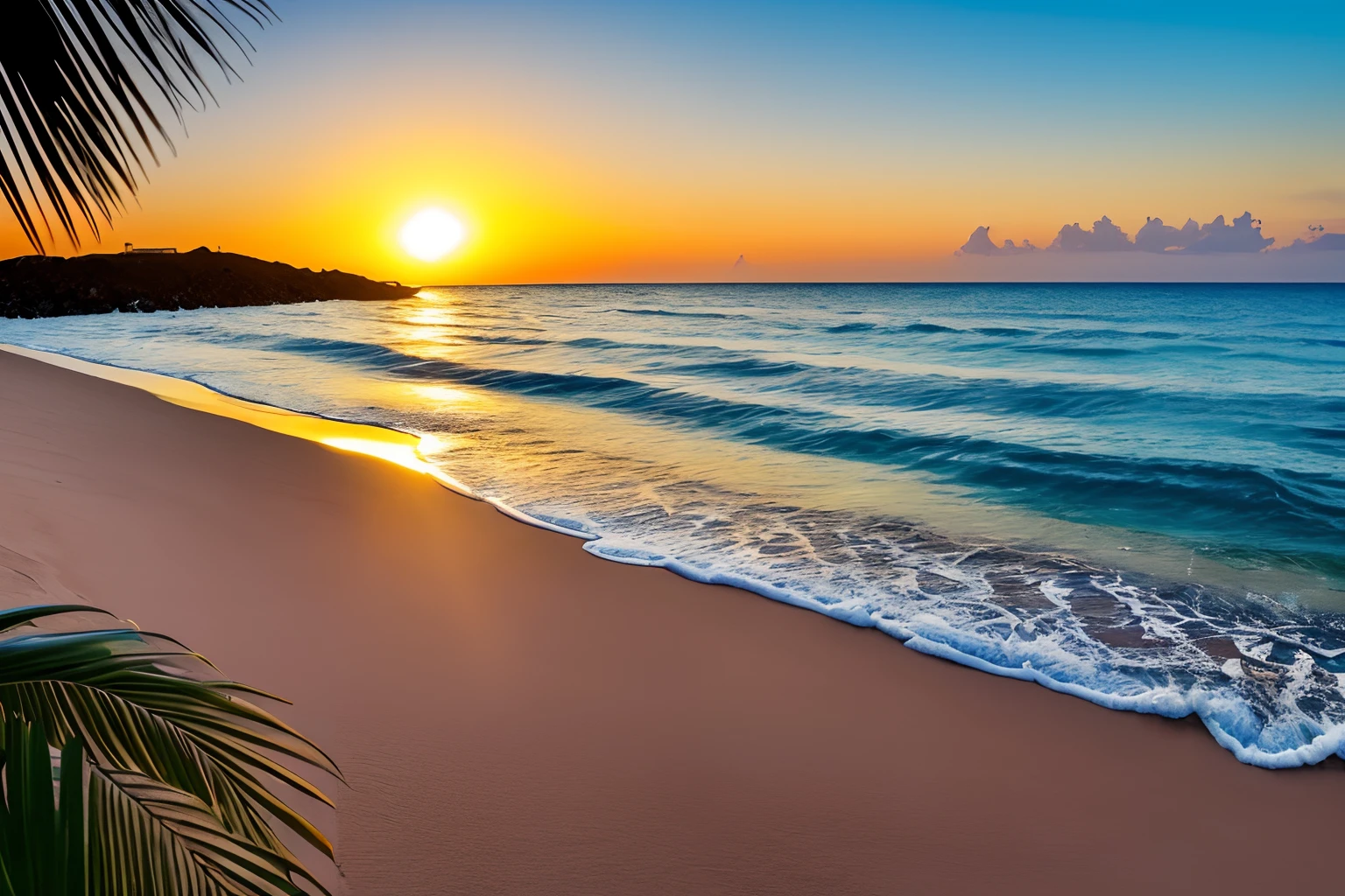 Best Quality, masuter piece, 超A high resolution, (Photorealistic:1.4), Raw photo, Professional Lighting, high-level image quality, high-detail, masterpiece、4K 9 depicting stunning sunrise on tropical beach with gentle waves and palm trees along the coast:Create 16 images。The color palette is vivid、It is necessary to convey a sense of renewal and positive energy。