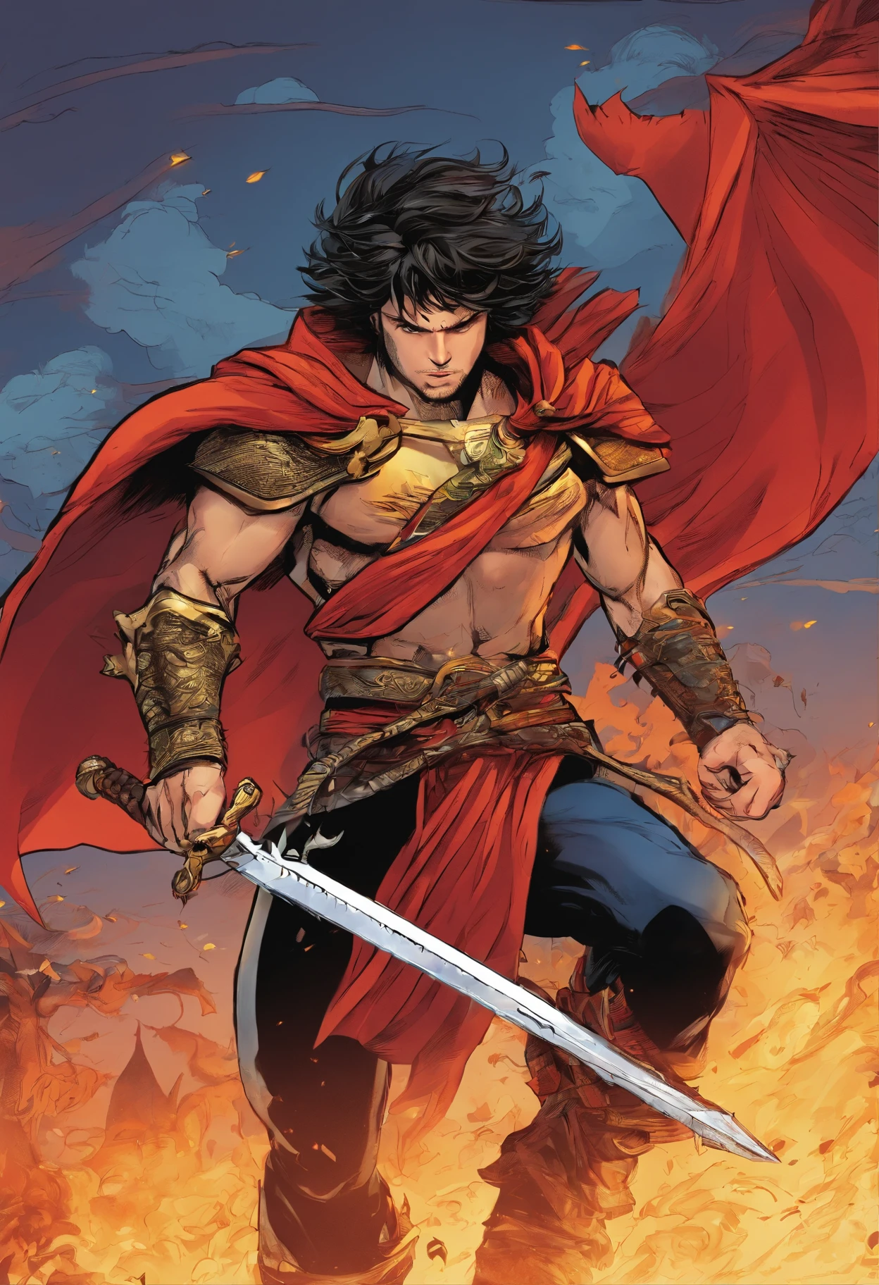 best quality,masterpiece,highly detailed,ultra-detailed,
<lora:neg4all_bdsqlsz_V3.5:-1> <lora:HKmanga:1> hkmanga, male focus, 1boy, solo, weapon, black hair, muscular, looking at viewer,fighting stance, red cape,