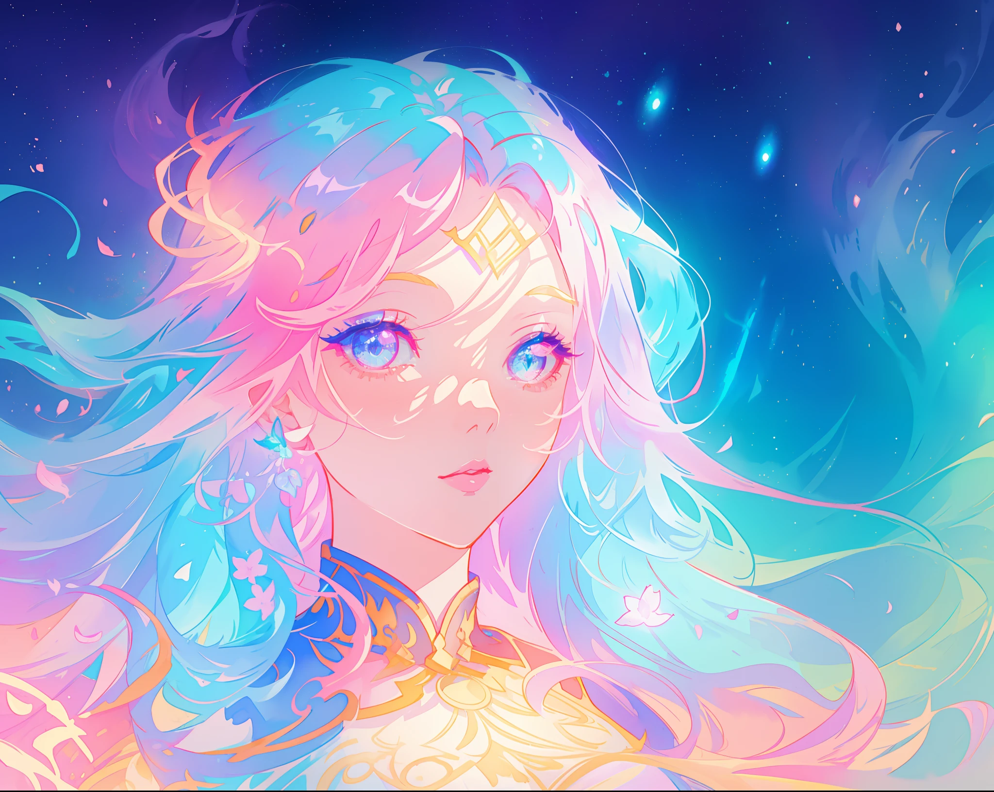 beautiful anime girl, portrait, vibrant pastel colors, (colorful), magical lights, long flowing colorful hair, inspired by Glen Keane, inspired by Lois van Baarle, disney art style, by Lois van Baarle, glowing aura around her, by Glen Keane, jen bartel, glowing lights! digital painting, flowing glowing hair, glowing flowing hair, beautiful digital illustration, fantasia background, whimsical, magical, fantasy, beautiful face, ((masterpiece, best quality)), intricate details, highly detailed, sharp focus, 8k resolution, sparkling detailed eyes, liquid watercolor