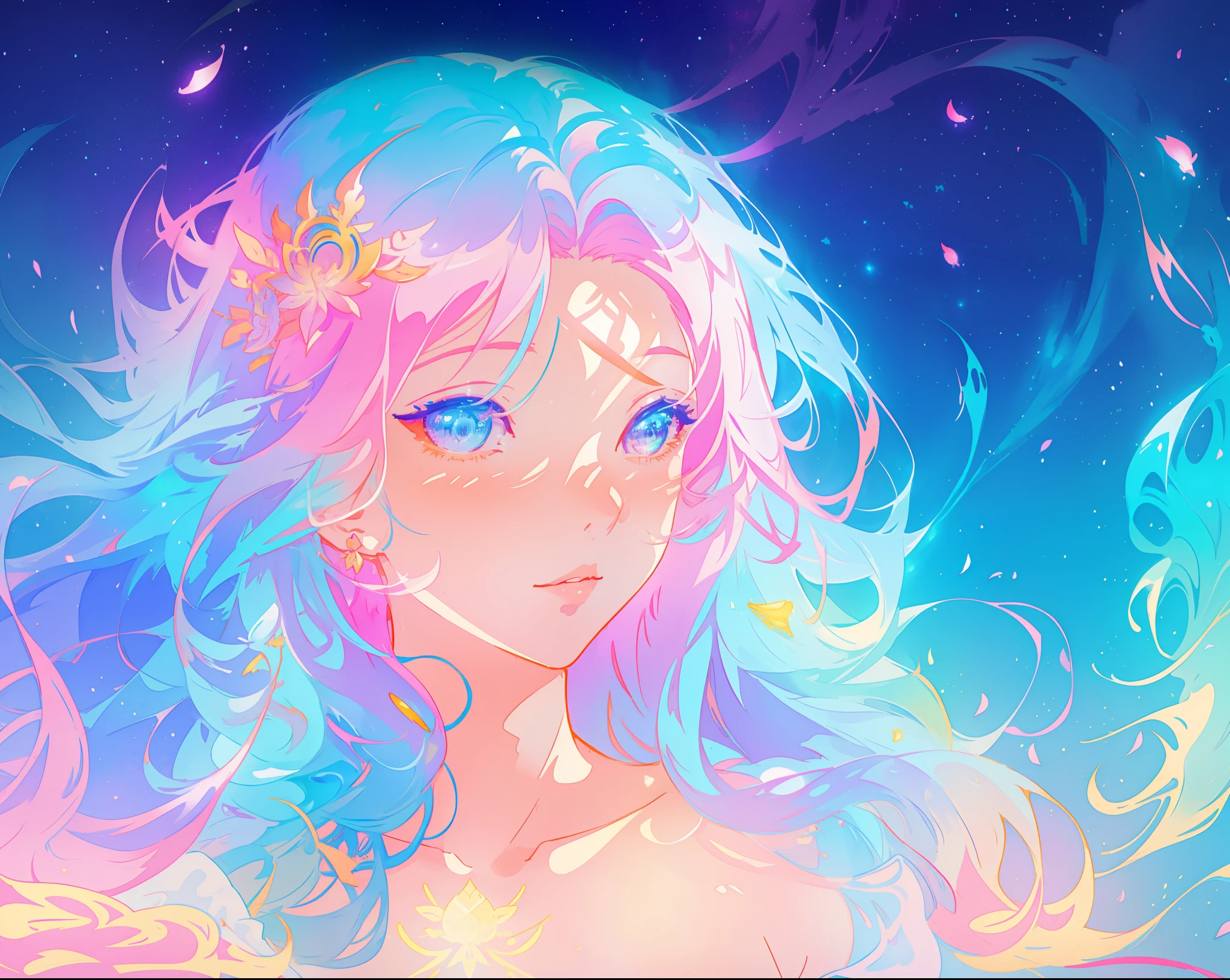 beautiful anime girl, portrait, vibrant pastel colors, (colorful), magical lights, long flowing colorful hair, inspired by Glen Keane, inspired by Lois van Baarle, disney art style, by Lois van Baarle, glowing aura around her, by Glen Keane, jen bartel, glowing lights! digital painting, flowing glowing hair, glowing flowing hair, beautiful digital illustration, fantasia background, whimsical, magical, fantasy, beautiful face, ((masterpiece, best quality)), intricate details, highly detailed, sharp focus, 8k resolution, sparkling detailed eyes, liquid watercolor