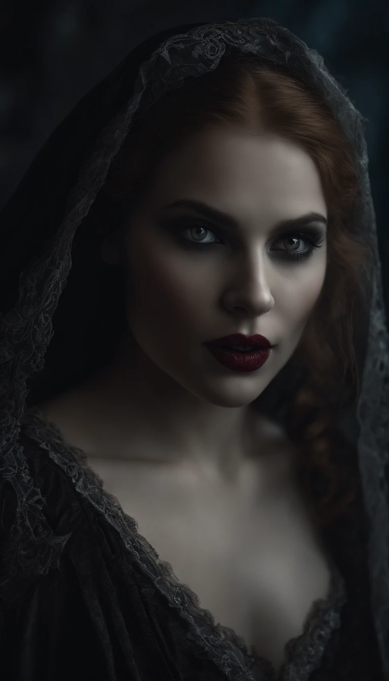 Masterpiece, Highest quality, 8K HD, 1 fille vampire, creepy atmosphere, Gothique, ouvrir bouche, Dents de vampire, yeux rouges
，(Award-winning Masterpiece Award , Best quality:1. 2) , Christian Zombie Vampire, Detailed face , yeux gris, cinematic , gloomy lighting, Aesthetics of horror, Highly detailed environment, 16k, UHD, Hdr, (Masterpiece:1. 5), (Best quality:1. 5)