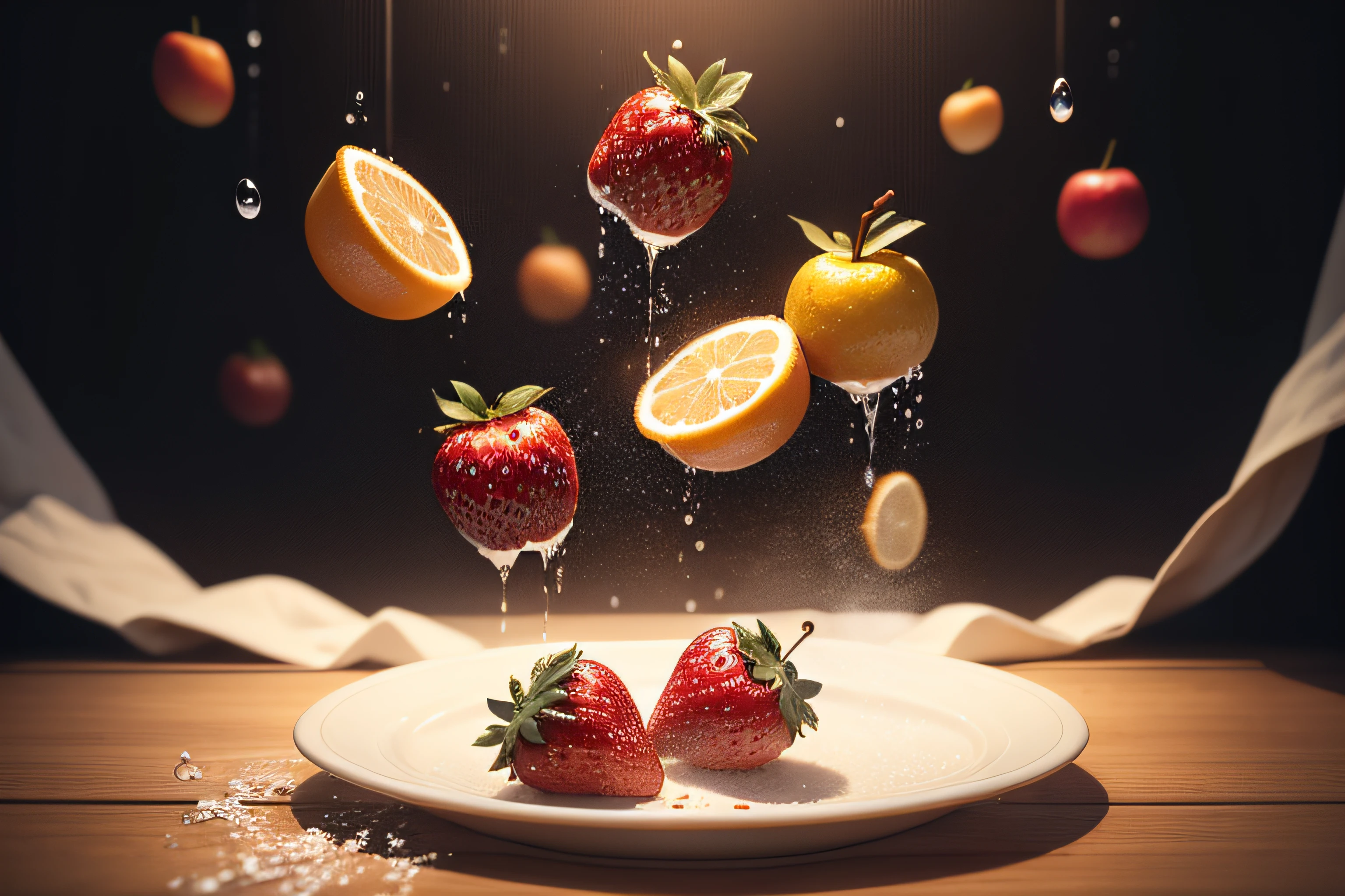 ((cut fruit in the air falling on a plate with water creating a water splash)), realistic, blurred background, food photography, realistic, professional photography, very detailed, 8k, realism, super detailed.