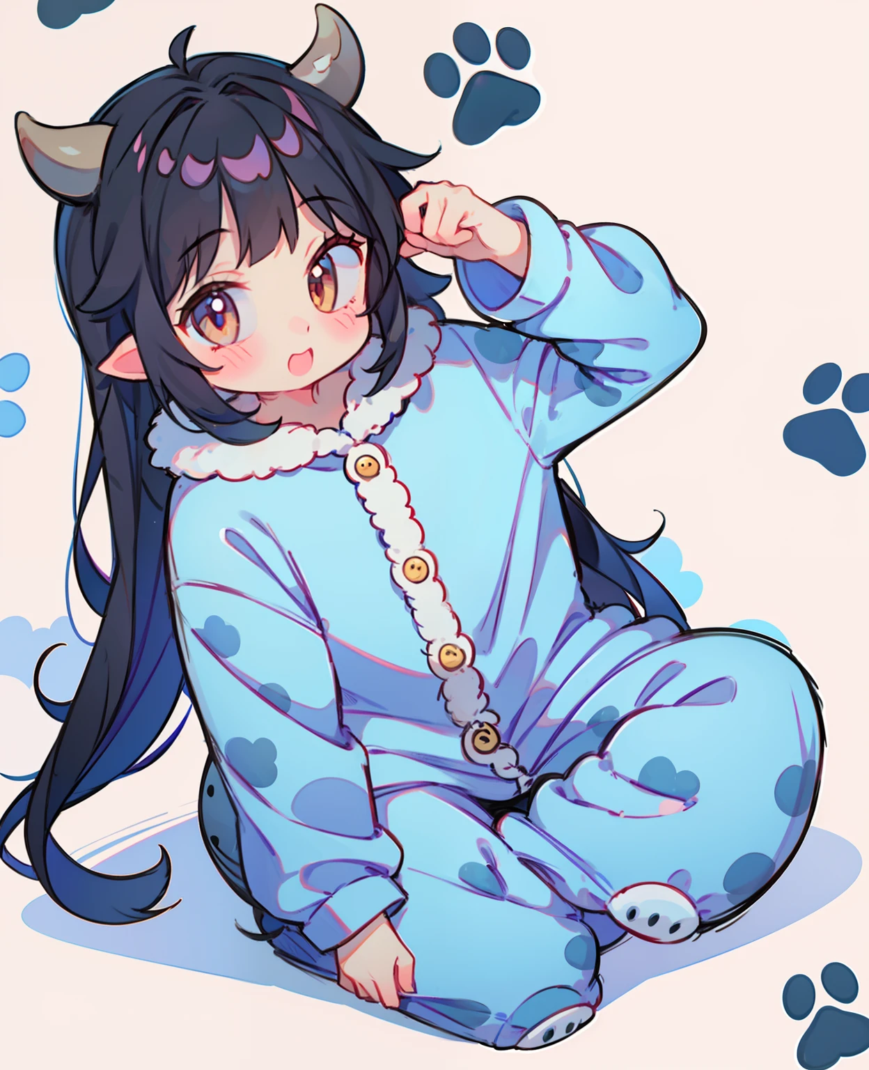 girl, woman, , child,ears olir, very long, fluffy cow animal kigurumi pajamas, animal slippers, paw print background