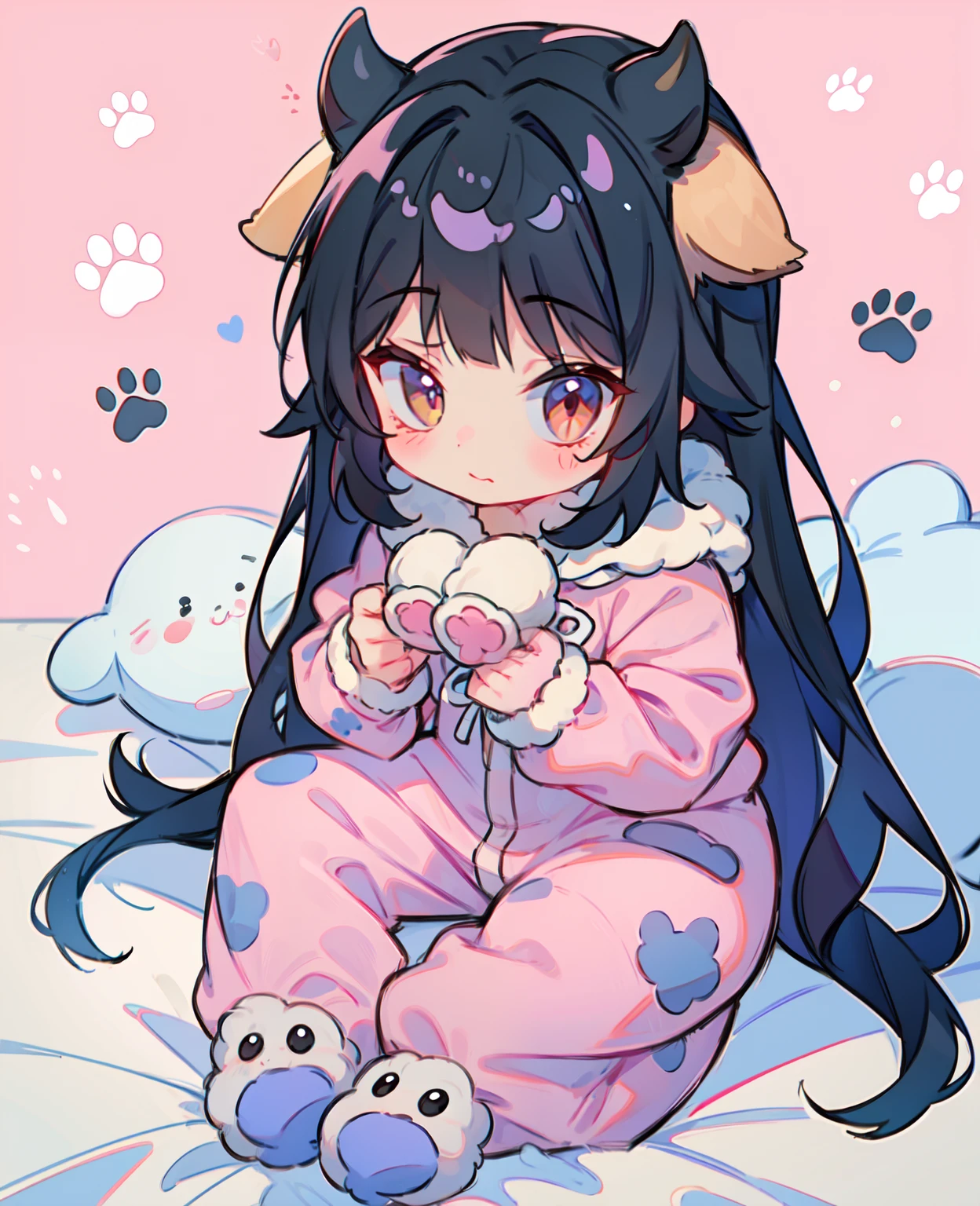 girl, woman,  little, child, 10 years old,
 black hair, very long, fluffy cow animal kigurumi pajamas, animal slippers, paw print background