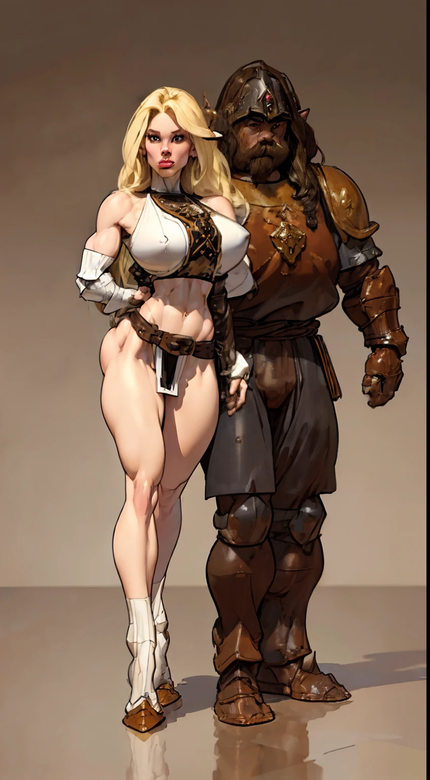 8k ((short body:1.7))((full body view)),(large eyes:1.3), (long hair:1.4), defined cheekbones, (((female dwarf:1.5))), ((the pit style:1.4))((medieval armor:1.6)) ((rusty shoulder armor:1.4))detailed face:1.5), pale skin,(puffy lips:1.5) (pale skin:1.6) ((sexy pose)),((gigantic breasts:1.5)), )highly detailed, majestic, digital photography, art by artgerm and ruan jia and greg rutkowski, ((blonde hair:1.5)), (masterpiece),((wide shoulders:1.5)) sidelighting, intricate details, (((black and brown color palette))), (((short height))), ((white legs:1.4))((black torso:1.4))((slendered abs:1.2))