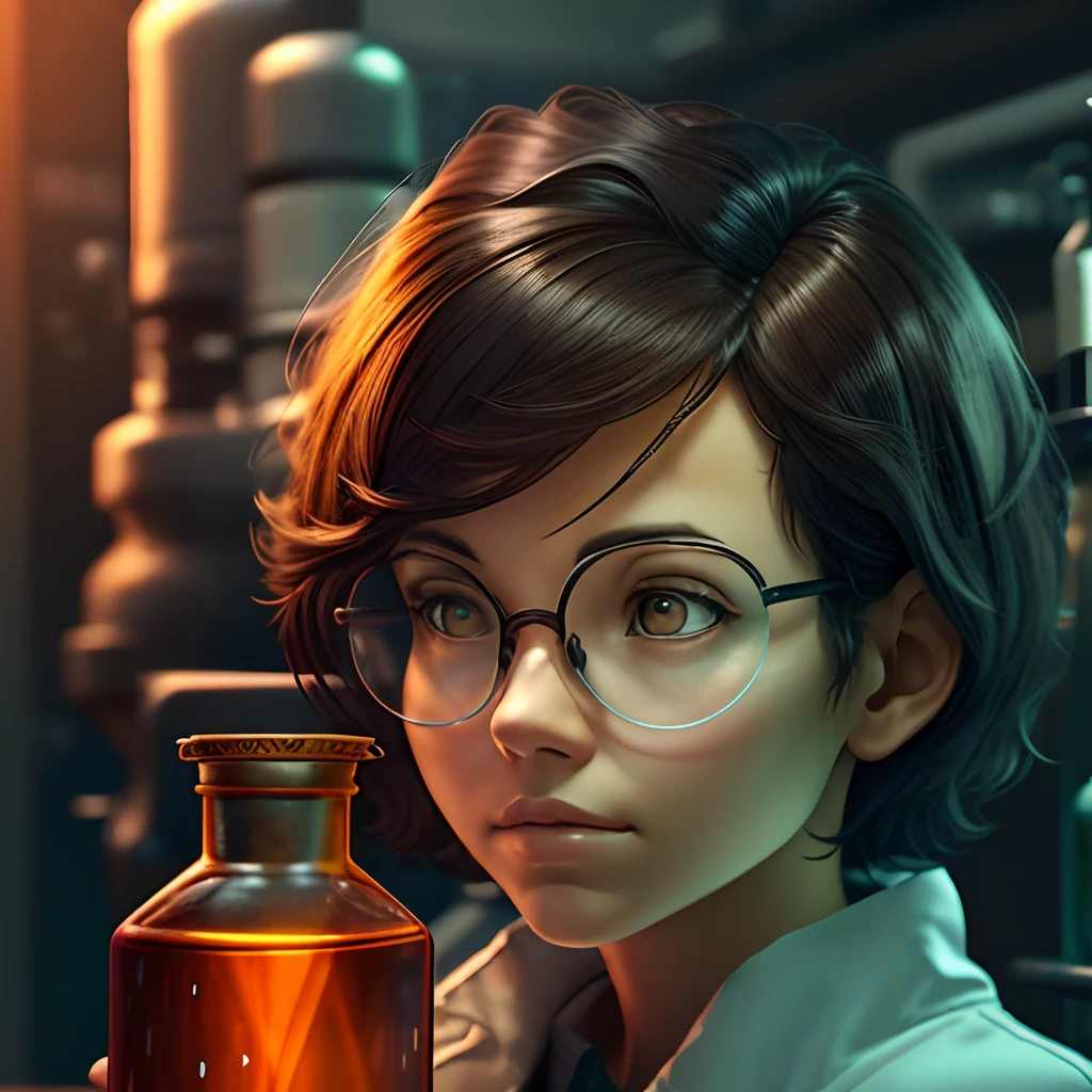 (Masterpiece: 1.5), (Best Quality: 1.5), High Definition, High Detail, 3DMM, One Woman, Solo, ((Cracked Glasses))((black soot )) (exploded hair,beard , ((exploding clothes,torn clothes,ripped cloths)) (( lab gown Top Ash Bangs)), ((A Lamp Shocks the Woman )) In the lab she carries me to ((an electrified big lamp)), it explodes, hair standing with ash on it , cute, glowing and electric lamps, ((ashes explosion on the face)), ((indoor,lab,black smoke,smoke,fire,beaker,flask,science equipment,explosion,fire))
