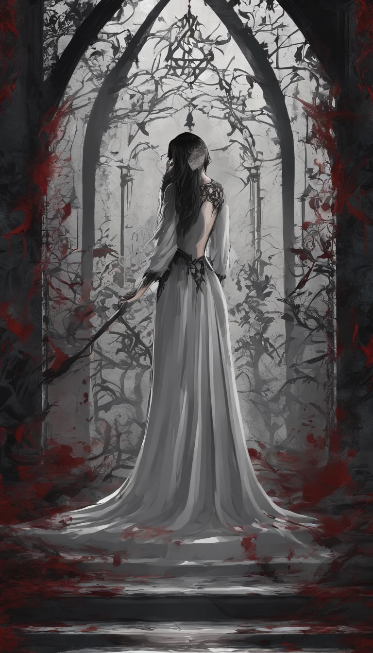 Masterpiece, Highest quality, 8K HD, 1 fille vampire, creepy atmosphere, Gothique, ouvrir bouche, Dents de vampire, yeux rouges ,(Award-winning Masterpiece Award , Best quality:1. 2) , Christian Zombie Vampire, Detailed face , yeux gris, cinematic , gloomy lighting, Aesthetics of horror, Highly detailed environment, 16k, UHD, Hdr, (Masterpiece:1. 5), (Best quality:1. 5)