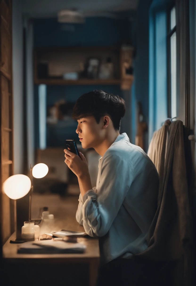 In this image, a 17-year-old teenager, who is Korean, is captured in a natural and genuine moment. He stands in his room, bathed in a soft, blue glow from the LED lights adorning his walls.

The focal point of the image is the young man himself. He's holding his smartphone at arm's length, snapping a selfie in a style reminiscent of a real person. In the selfie, he subtly conceals half of his face, just as someone might do on a casual day, adding an element of mystery and intrigue.