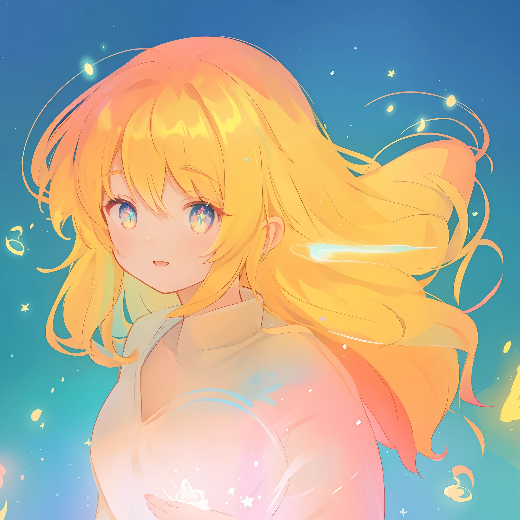 beautiful anime girl, portrait, vibrant pastel colors, (colorful), magical lights, long flowing golden hair, inspired by Glen Keane, inspired by Lois van Baarle, disney art style, by Lois van Baarle, glowing aura around her, by Glen Keane, jen bartel, glowing lights! digital painting, flowing glowing hair, glowing flowing hair, beautiful digital illustration, fantasia background, whimsical, magical, fantasy, beautiful face, ((masterpiece, best quality)), intricate details, highly detailed, sharp focus, 8k resolution, sparkling detailed eyes, liquid watercolor