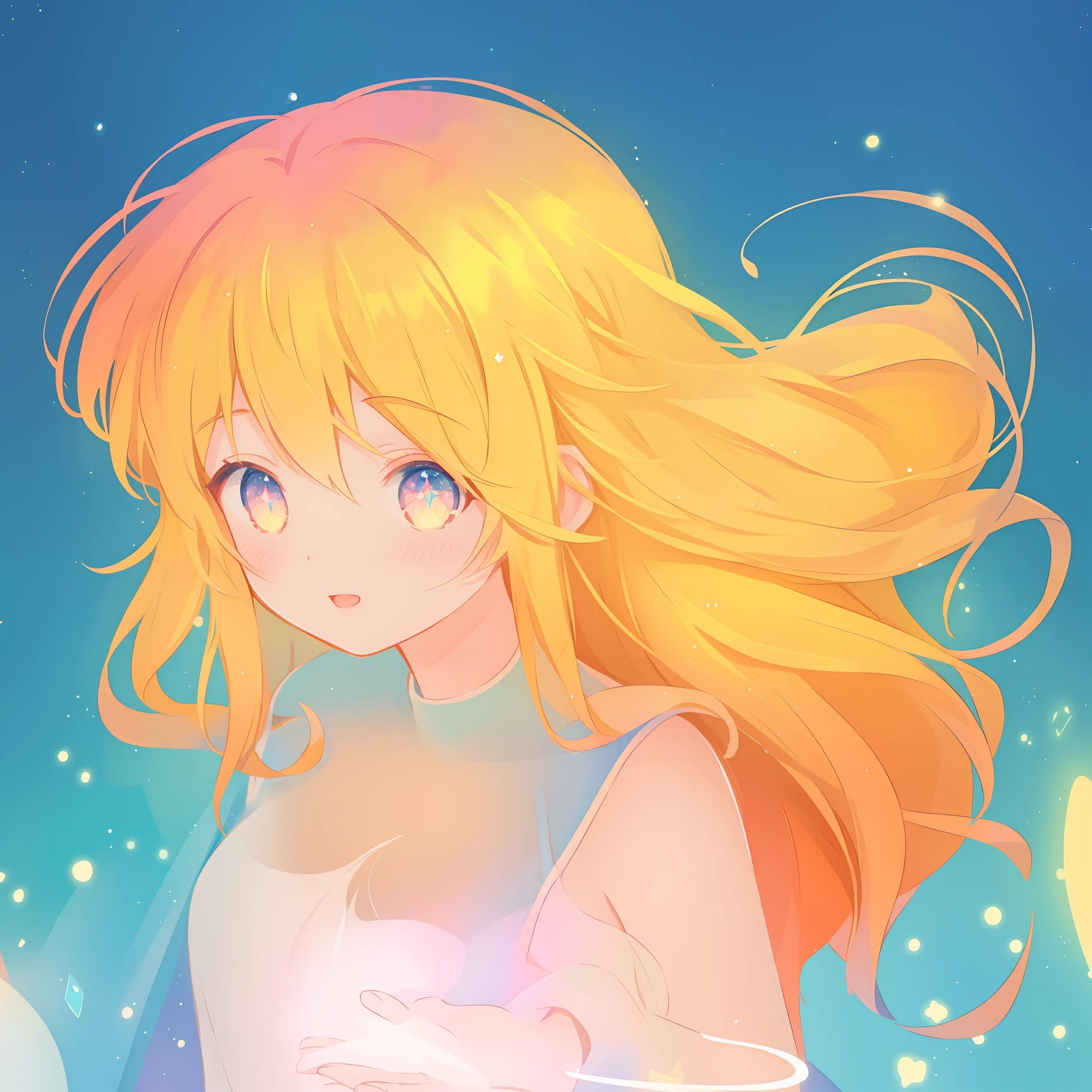 beautiful anime girl, portrait, vibrant pastel colors, (colorful), magical lights, long flowing golden hair, inspired by Glen Keane, inspired by Lois van Baarle, disney art style, by Lois van Baarle, glowing aura around her, by Glen Keane, jen bartel, glowing lights! digital painting, flowing glowing hair, glowing flowing hair, beautiful digital illustration, fantasia background, whimsical, magical, fantasy, beautiful face, ((masterpiece, best quality)), intricate details, highly detailed, sharp focus, 8k resolution, sparkling detailed eyes, liquid watercolor