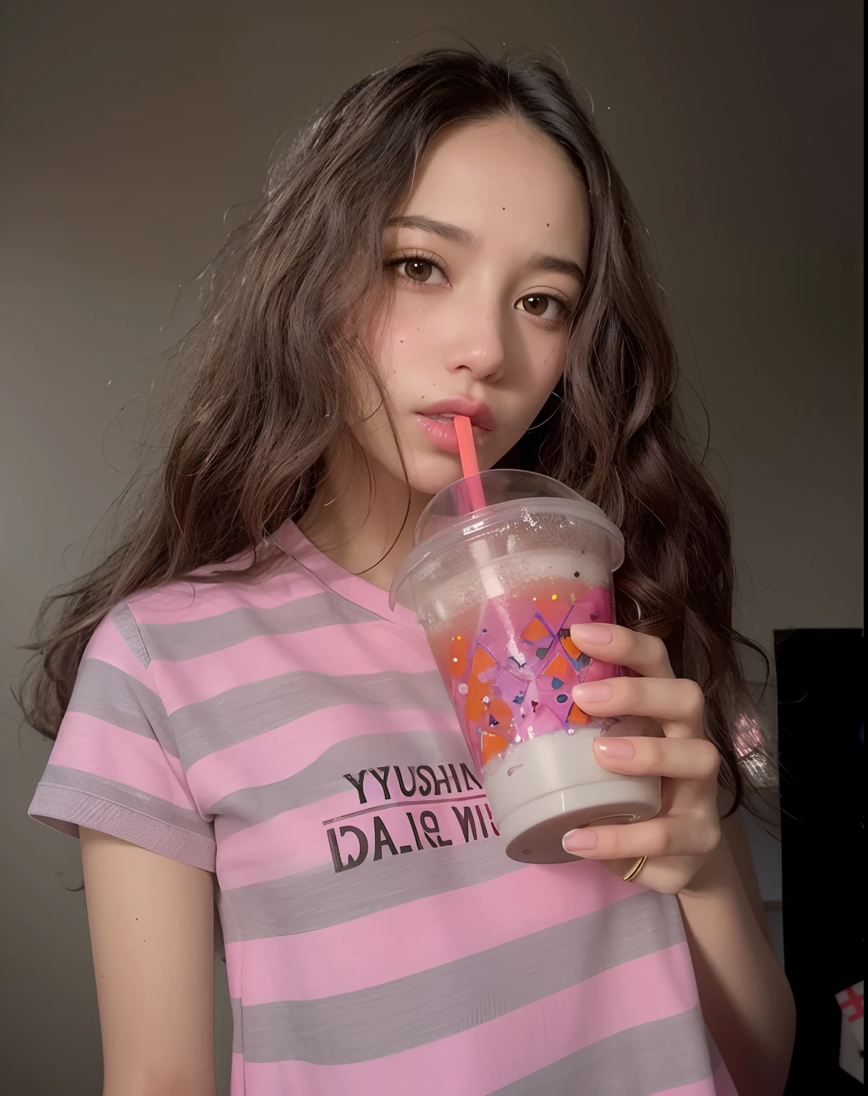araffe girl with long hair drinking a smoothie from a plastic cup, in style of petra collins, isabela moner, drinking a strawberry iced latte, with a straw, holding a boba milky oolong tea, kailee mandel, petra collins, dilraba dilmurat, kiko mizuhara, anna nikonova aka newmilky, portrait sophie mudd, yellow t-shirt same print