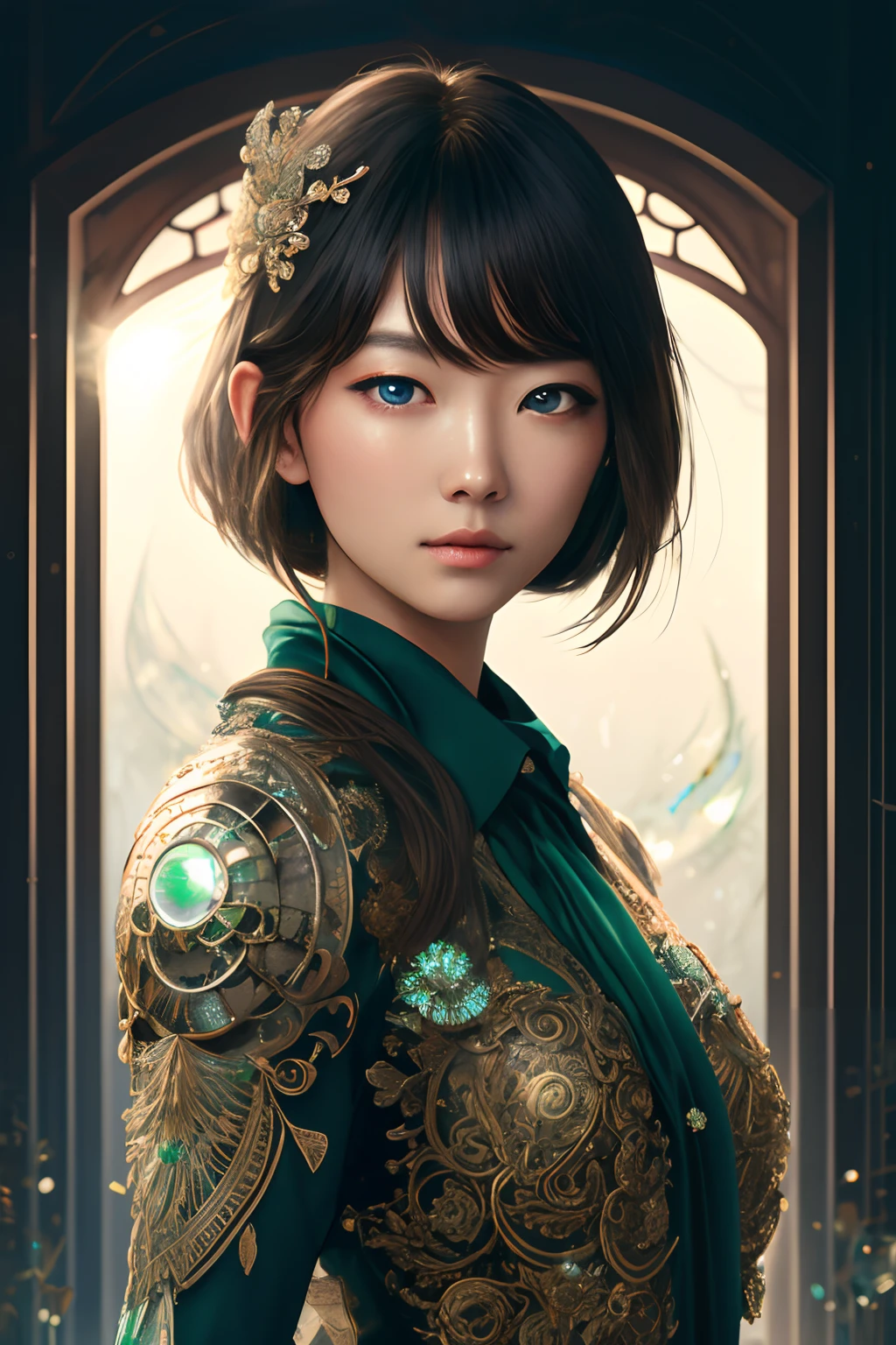 A person, 8k silver hair, messy hair, front view, upper body, portrait of a beautiful cyborg, japanese,intricate, elegant, detailed, majestic, digital photography, artgerm and artwork by Ruan Jia and Greg Rutkowski, surreal painting , Filigree, Broken Glass, (Masterpiece, Sidelight, Delicate and Beautiful Brown Eyes: 1.2), HDR, Full Frontal Display, green light eyes