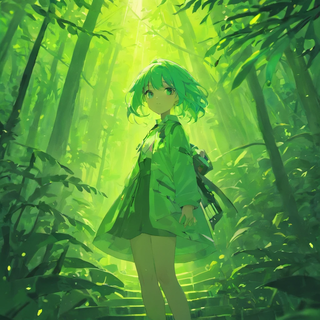 1 girl,(( away from the observer)) ,Dense jungle, Lighting green, inner illumination, volumetric lighting, cinematic lighting, ray traced, hyper detailed, hd, epic composition,overcoat, windblown leaves ,with your back to the viewer,