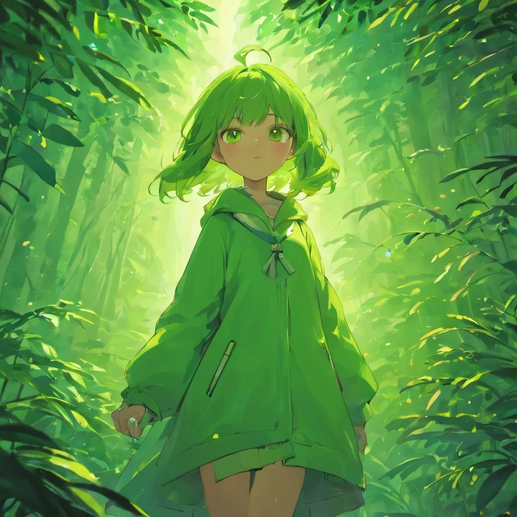 1 girl,(( away from the observer)) ,Dense jungle, Lighting green, inner illumination, volumetric lighting, cinematic lighting, ray traced, hyper detailed, hd, epic composition,overcoat, windblown leaves ,with your back to the viewer,
