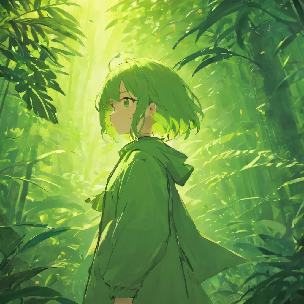 1 girl,(( away from the observer)) ,Dense jungle, Lighting green, inner illumination, volumetric lighting, cinematic lighting, ray traced, hyper detailed, hd, epic composition,overcoat, windblown leaves ,with your back to the viewer,