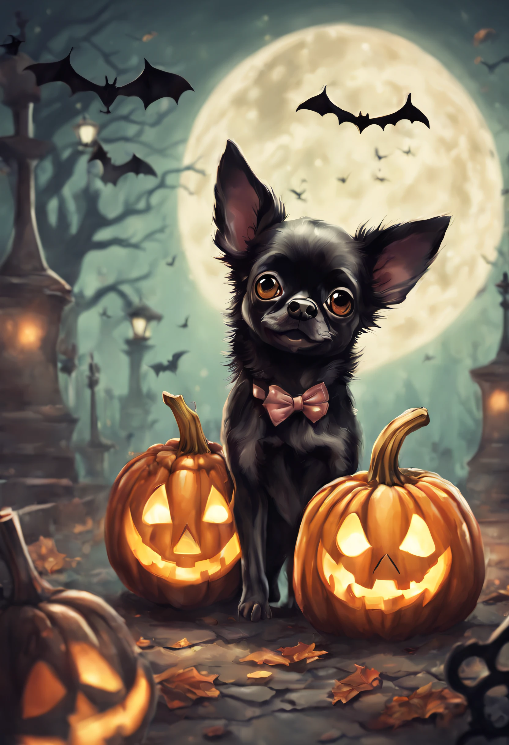 (((Anna Maria Świetlik-Horodecka kawaii oil style))),((pastel light colors)), beautiful dressed female kawaii totally black chihuahua dog on dig with a spade, with top, short, high healed boots, in a cemetery, at night, full moon, fog, several flying chibi ghosts in the background, Halloween sceen, Halloween ports, pumpkins, pumpkin lanterns, candles, bats, Halloween atmosphere, style of watercolour, tetradic colors, 3D vector art, cute and quirky, fantasy art, watercolor effect, bokeh, hand-drawn, digital painting, low-poly, soft lighting, bird's-eye view, isometric style, retro aesthetic, focusedon the character, 8K resolution, photorealistic rendering, usingCinema 4D,highly detailed, professional light