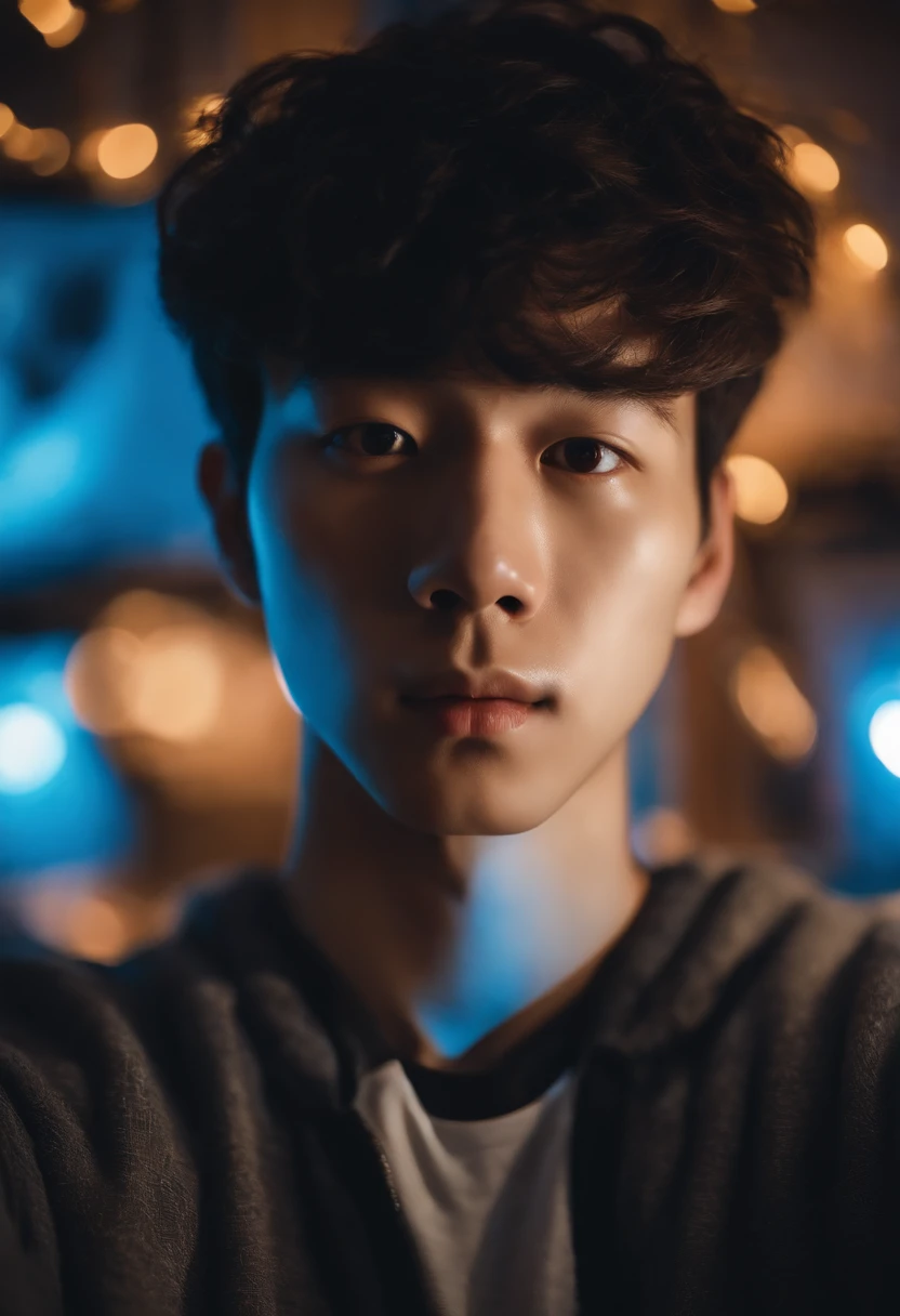 In this image, you'll find a typical teenage scene. It features a 17-year-old Korean teenager in his room, bathed in the cool, blue glow of LED lights on the wall.
The focus of the image is the teenager himself. He's holding his smartphone close to his face, snapping a casual selfie in a style commonly seen on Snapchat. The image shows half of his face, capturing the essence of a spontaneous and real-life selfie moment