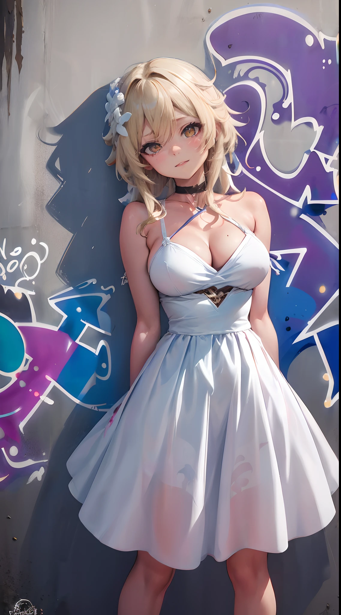 Lumine | genshin impact, master-piece, bestquality, 1girls,25 years old, proportional body, proportional., Wedding Dresses, White Wedding Dress, wedding,Long skirt, mediuml breasts, ,bara, choker, (Graffiti:1.5), Splash with purple lightning pattern., arm behind back, against wall, View viewers from the front., Thigh strap, Head tilt, bored, 10, 10, HD, slight smile,