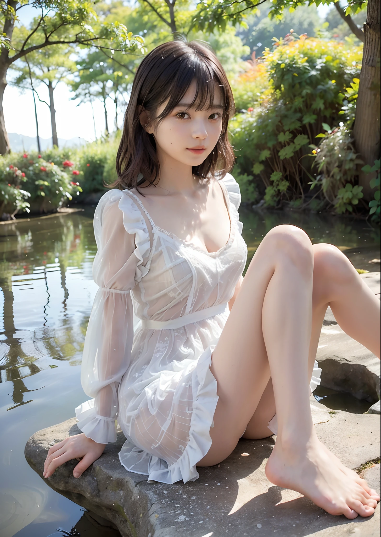A slight smil、NSFW、((cammel toe))、(Female genitals:1.1)、Sexual young girl 、18year old、 Adorable、 (Ruffled White Summer Dress:1.2) 、 (see -through:1.3)、 (Twin-tailed) 、 (a high chroma、top-quality:1.0)、 (highlydetailed skin)、 (Best Quality:1.1)、 (超A high resolution:1.0) 、(photographrealistic:1.0)、 (ultra-detailliert:1.0)、 (8K、 Raw photo:1.1)、(autumnal、Trees with autumn leaves々:1.2、Along the valley、At the water's edge