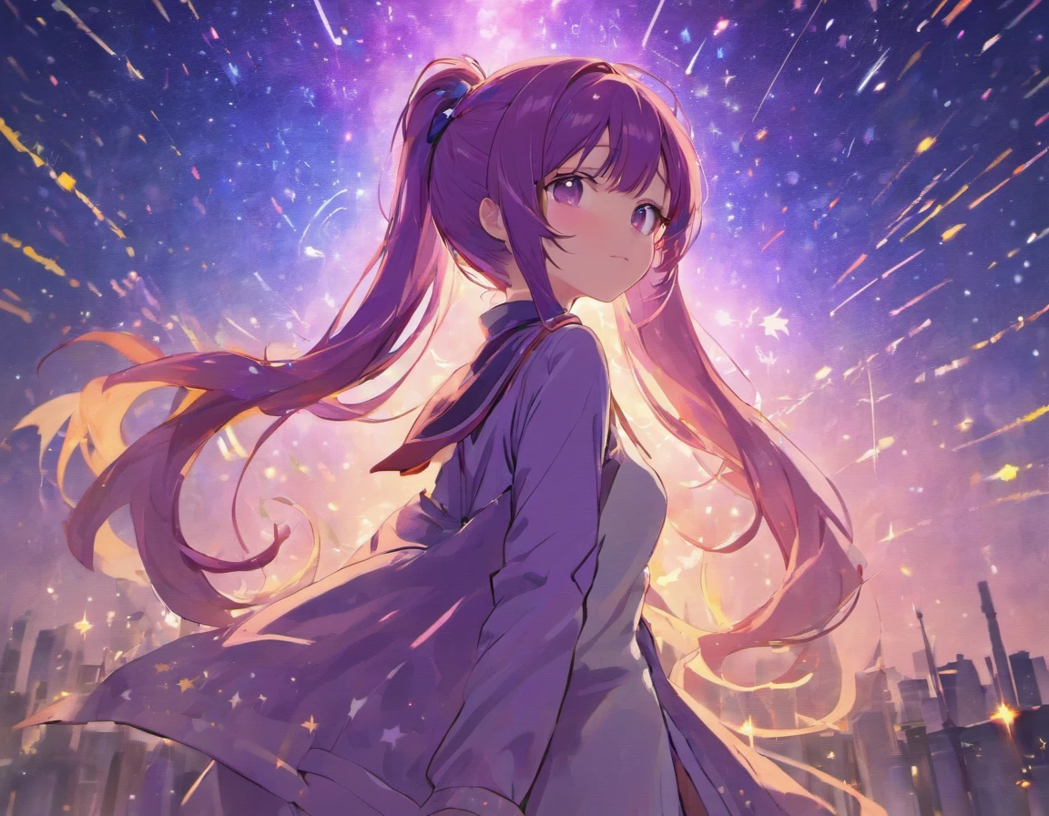 ​masterpiece、top-quality、Movie stills、女の子1人、stars on sky、More than 20 colored stars、Colorful stars、a closeup、with light glowing、Happiness、Warm and soft lighting、the setting sun、(Spark:0.7)Eyes are purple,purple color  hair、Hair color is purple,Long hair,Bun Ponytail,masutepiece, Best Quality, pixiv,blacklight,bluntbangs,portraitures, ornament detached, Height 170cm,Purple eyes,Deities々Shishihitomi, Super long hair, doress、doodle, murky, natta, Shines、 from the rear,Back hug position,cowboy  shot,purple color  hair,Miraculous body lines,,Hands are not visible if the sleeves are too long,hands not visible、 BREAK (masutepiece:1.2), The moment the fireworks are launched、Best Quality, High resolution, Hands in pockets、long legged、Menace Dresses、Unity 8k壁纸,Many stars all over the sky,Starry sky shining in the night sky、Meteor swarm,Stare at me in a slouched position,Dance moments、Lots of shooting stars、very heavy rain、Shooting stars in the sky、extremely details CG, (Perfect hands, Perfect ???????)