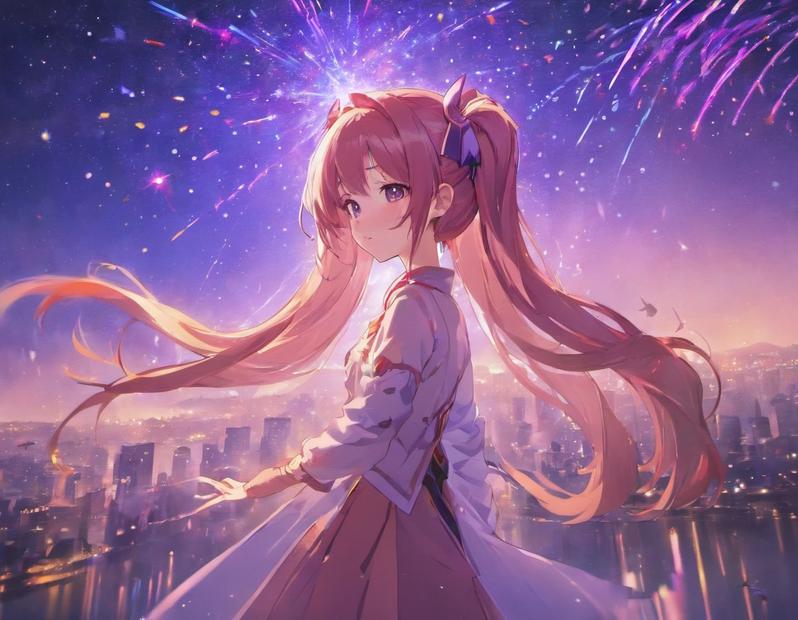 masterpiece、top-quality、Movie stills、1人、stars on sky、More than 20 colored stars、Colorful stars、a closeup、with light glowing、Happiness、Warm and soft lighting、the setting sun、(Spark:0.7)Eyes are purple,purple color hair、Hair color is purple,Long hair,Bun Ponytail,masutepiece, Best Quality, pixiv,blacklight,bluntbangs,portraitures, ornament detached, Height 170cm,Purple eyes,Deities々Shishihitomi, Super long hair, doress、doodle, murky, natta, Shines、 from the rear,Back hug position,cowboy shot,purple color hair,Miraculous body lines,,Hands are not visible if the sleeves are too long,hands not visible、 BREAK (masutepiece:1.2), The moment the fireworks are launched、Best Quality, High resolution, Hands in pockets、long legged、Menace Dresses、Unity 8k壁纸,Many stars all over the sky,Starry sky shining in the night sky、Meteor swarm,Stare at me in a slouched position,Dance moments、Lots of shooting stars、very heavy rain、Shooting stars in the sky、extremely details CG, (Perfect hands, Perfect Anatomy)