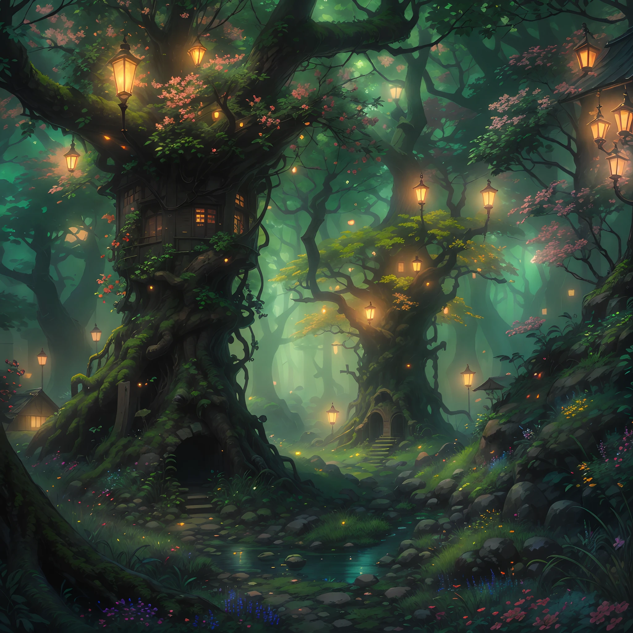 Enter a forest full of fantasy creatures。When you step into this forest,You will immediately feel the atmosphere of mystery and magic。The dense trees are almost completely intertwined,A green canopy is formed,Let the sunlight shine only on the ground through sparse gaps。In this forest,You will find all kinds of strange and beautiful creatures。From branch,The elves danced to the soft song。They have transparent wings,Emits a faint glow,Like a star in the night sky。They glide lightly through the air,Guide you deep into the forest。When you walk into a more lush place,You will see huge and majestic tree people。These tree people are constructed of curved trunks and thick bark,Their eyes are wooden troughs shining with mysterious light。They walk leisurely,Safeguard the balance and order of the forest。When with them,You will feel their ancient wisdom and the power of serenity。The forest floor is full of colorful flowers,Some exude a fragrant scent,Other shimmers。Each of these flowers has its own unique shape and color,Some appear to be a flaming red、orange and yellow colors,Others are transparent blue and purple。They seem to have their own consciousness,gently swaying in the breeze,Communicate with the creatures around you。When night falls,The forest becomes even more mysterious。In the treetops,You'll see twinkling fireflies weaving a web as gorgeous as the starry sky,All over the forest。These little light sources beat endlessly,Add a magical atmosphere to the forest。 In this forest full of fantasy creatures,You will find countless surprising and surprising things。It is a fantasy paradise where nature coexists,Make people linger。