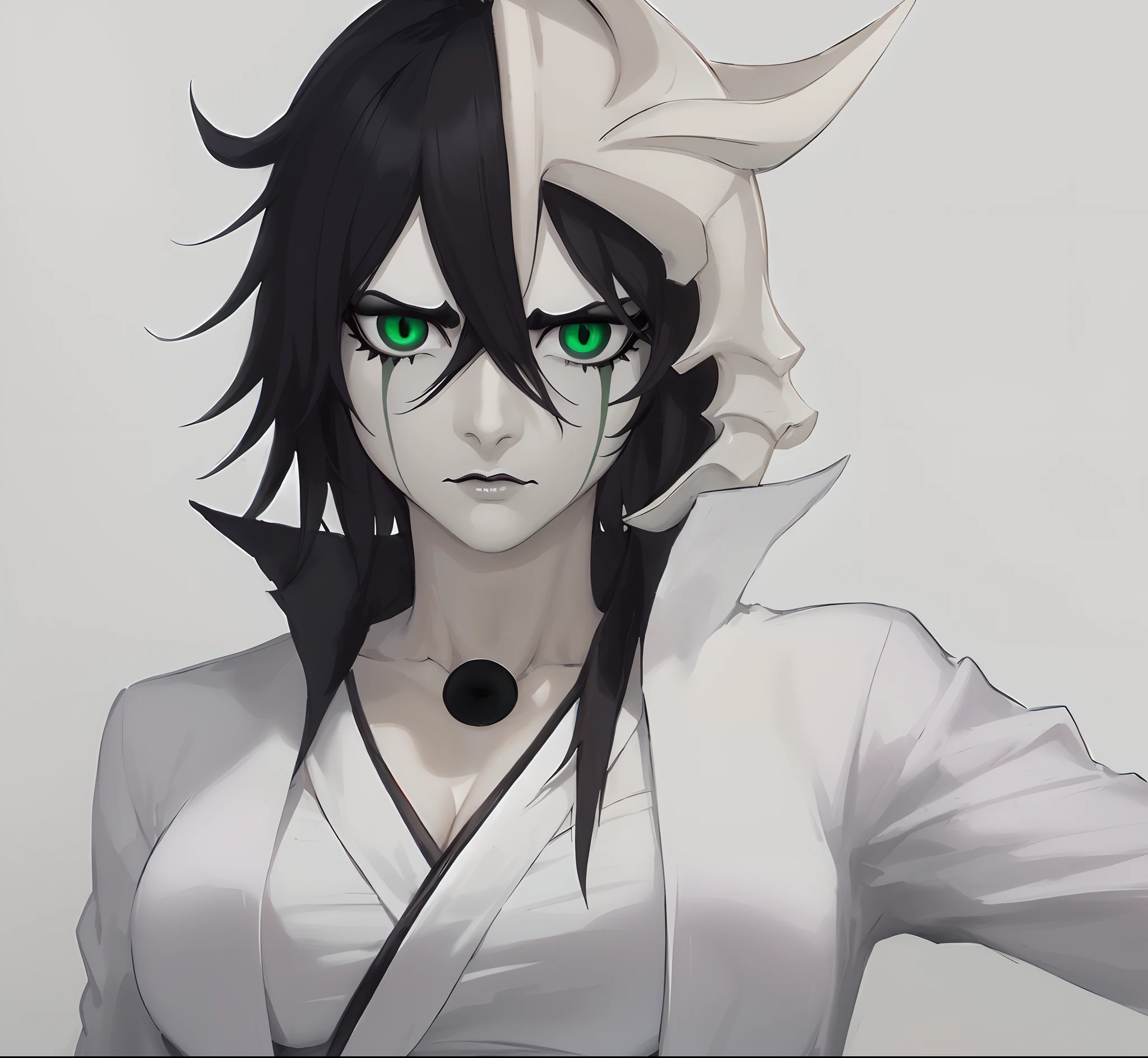 masterpiece, best quality, ulquiorra cifer, genderswap, female ulquiorra cifer, deadpan expression, female focus, black coloured upper lip, no eyebrows, eyelashes, pale grey skin, skin coloured lower lip, green lines which descend from the lower part of eyes, feminine lips, slit-shaped pupils