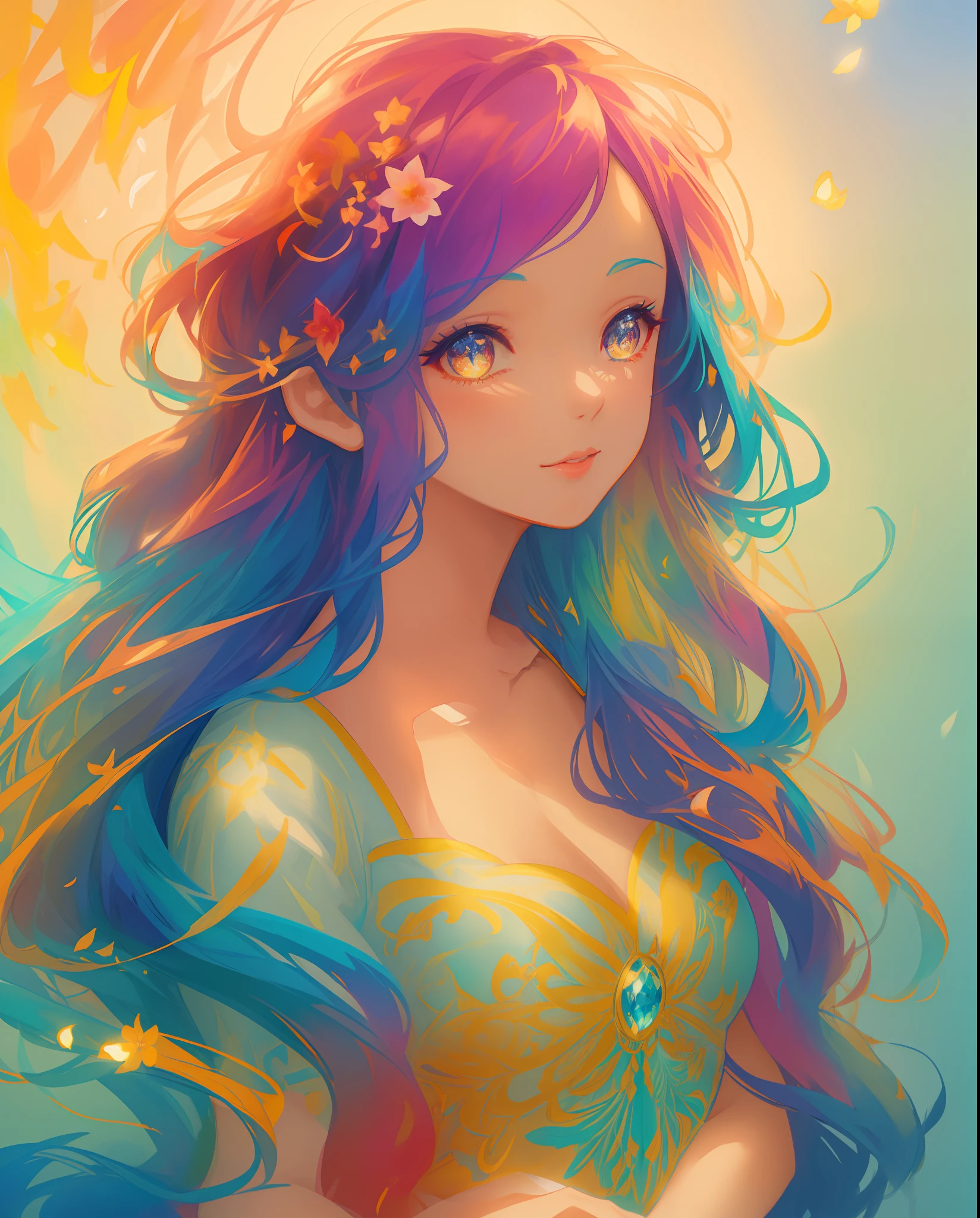 beautiful girl, beautiful ballgown, flowers in her hair, vibrant pastel colors, (colorful), magical lights, long flowing colorful hair, inspired by Glen Keane, inspired by Lois van Baarle, disney art style, by Lois van Baarle, glowing aura around her, by Glen Keane, jen bartel, glowing lights! digital painting, flowing glowing hair, glowing flowing hair, beautiful digital illustration, fantasia background, whimsical, magical, fantasy, beautiful face, ((masterpiece, best quality)), intricate details, highly detailed, sharp focus, 8k resolution, sparkling detailed eyes, liquid watercolor
